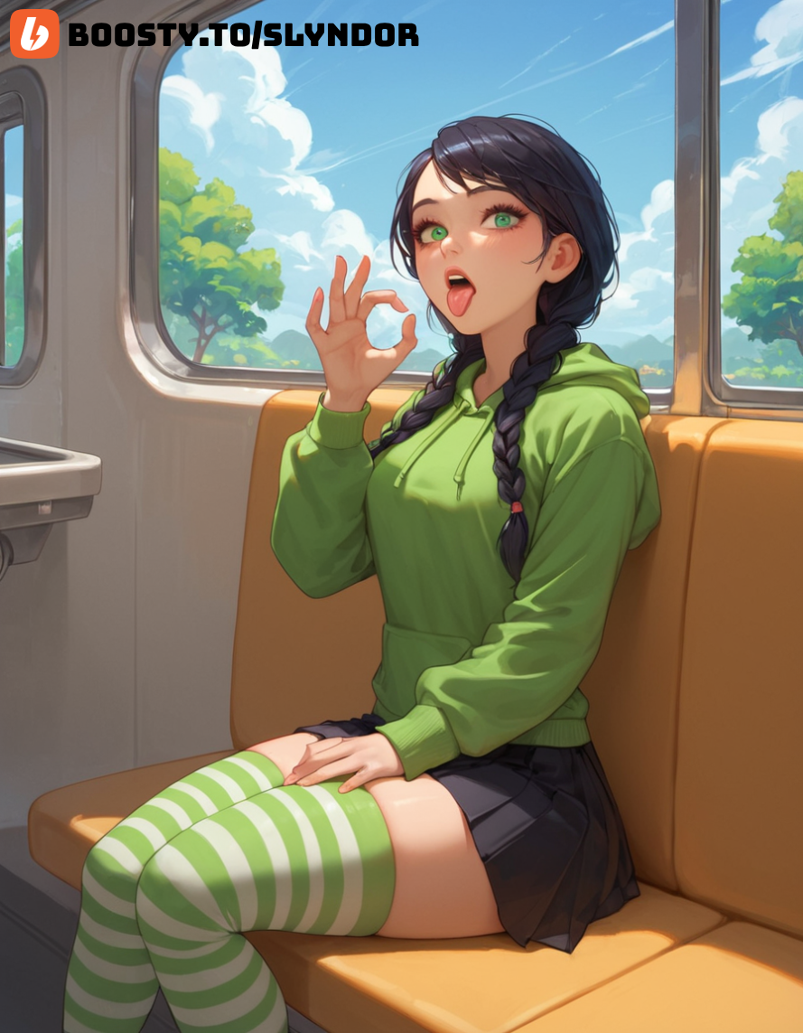 ai_generated black_hair blowjob gesture green_clothing green_eyes green_hoodie mia(oc) seductive seductive_look skirt slyndor striped_thighhighs sucking teenager