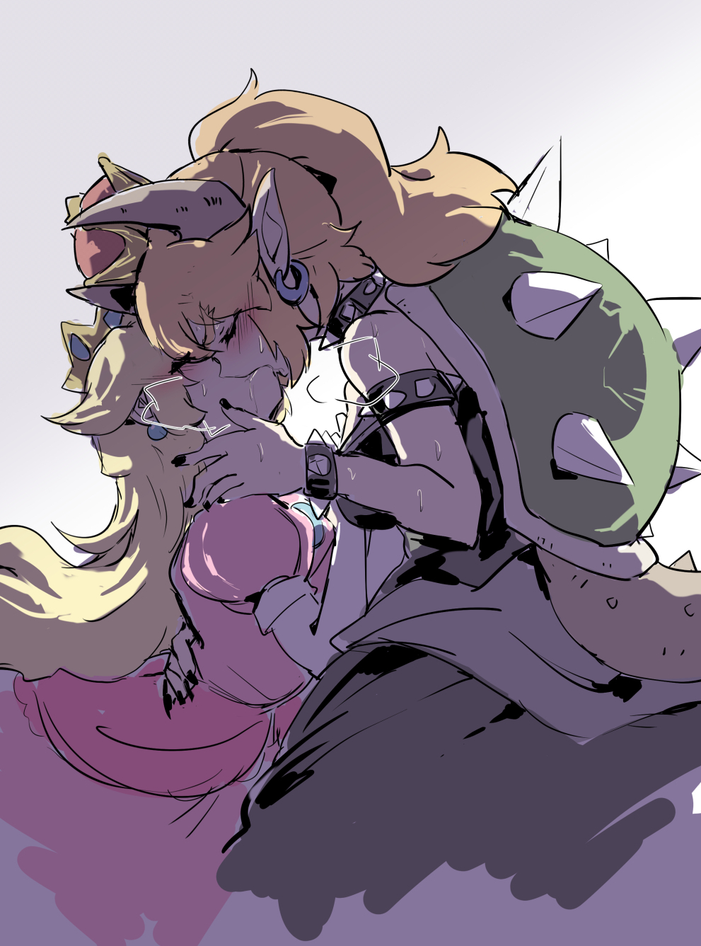 2girls arm_around_waist armlet bare_shoulders black_dress black_nails blonde_hair blush borrowed_design bowsette bracelet breasts closed_eyes collar commentary_request crown dress earrings french_kiss from_side highres holding_person horns jewelry kissing large_breasts mario_(series) multiple_girls nail_polish nejikyuu new_super_mario_bros._u_deluxe nintendo pink_dress pointy_ears ponytail princess_peach puffy_short_sleeves puffy_sleeves saliva saliva_trail short_sleeves spiked_bracelet spiked_collar spikes strapless strapless_dress super_crown sweat tail turtle_shell yuri