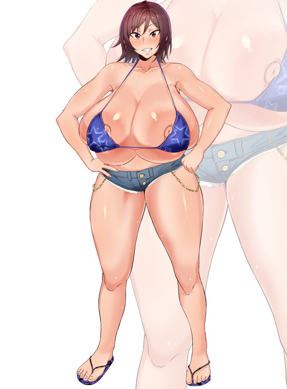 1girls, areolae, bikini, breasts, brown hair, bursting breasts, female, female only, hotpants, huge breasts, kazama asuka, large areolae, mole, mucc, nipple slip, nipples, plump, sandals, shiny skin, short hair, smile, solo, tekken, thick thighs