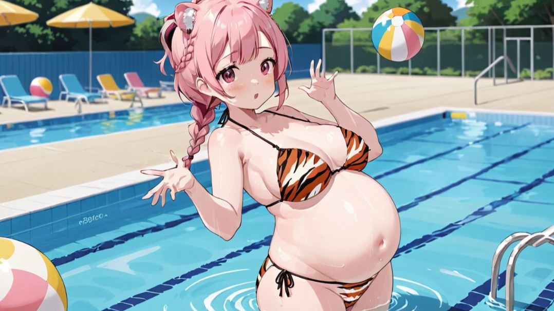 ai_generated animal_ears beach_ball bikini braid pink_hair pregnant swimming_pool