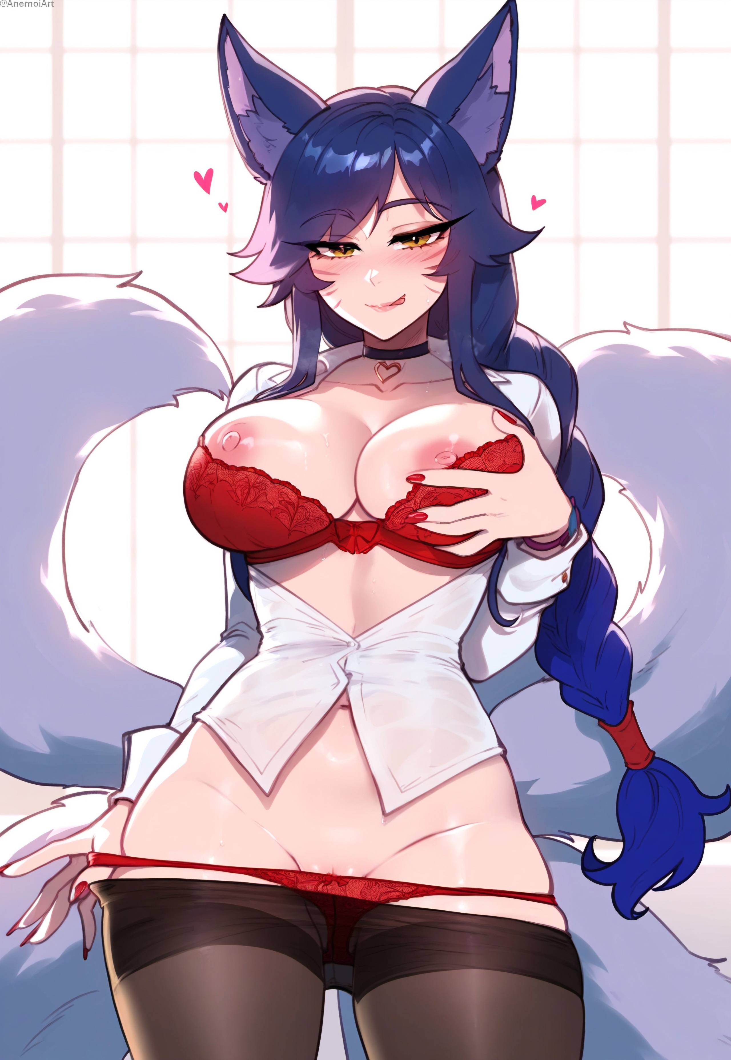 1girls, ahri, ai generated, anemoi, bra, breasts, breasts out, female, fox girl, hearts, holding breast, league of legends, nipples, office lady, orange eyes, panties, pantyhose, presenting, riot games, solo, striptease, tails, teasing, watermark