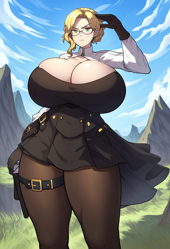 ai_generated big_ass big_breasts breasts_bigger_than_head cleavage glasses glynda_goodwitch hyper_breasts large_breasts milf rwby solo solo_focus thick_thighs