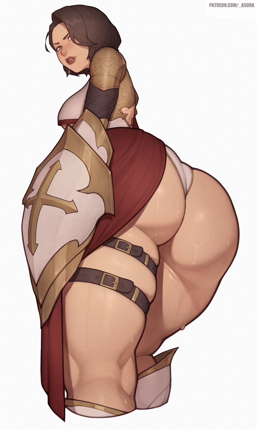 1futa, 2d, 2d (artwork), 2d artwork, armor, ass, asura (artist), back, back view, big ass, big breasts, black hair, blue eyes, breasts, clothed, clothing, futa only, futanari, hair, huge ass, human, intersex, light skin, light-skinned futa, looking back, low-angle view, mostly clothed, oc, original, original character, rear view, short hair, solo, solo futa, standing, sweat, sweaty, thick thighs, white background