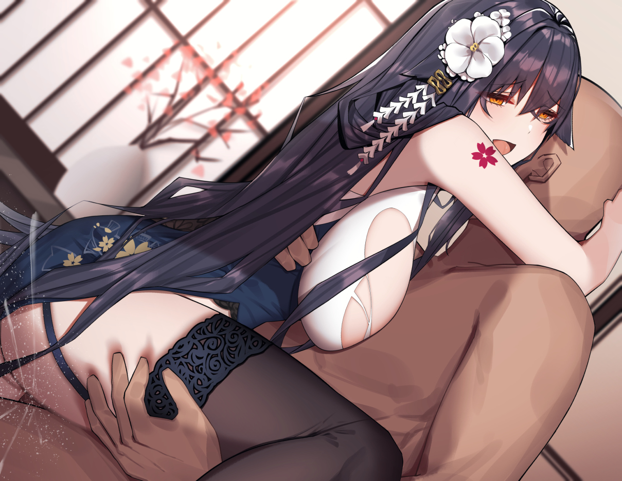 1boy, 1girls, azuma (azur lane), azur lane, big breasts, black hair, breasts, china dress, chinese clothes, clothed female nude male, dark skin, dark-skinned male, female, male, orange eyes, sex, siu (siu0207), stockings, tattoo, thighhighs