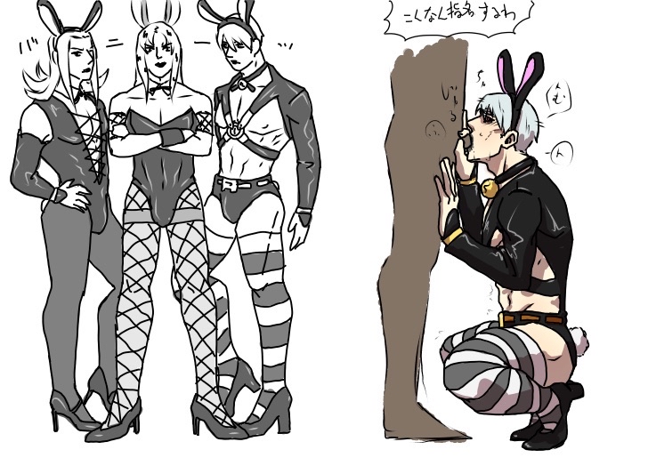 3boys bunny_boy bunny_ears bunnysuit diavolo high_heels jojo's_bizarre_adventure leone_abbacchio male male/male/male male_only oral risotto_nero vento_aureo