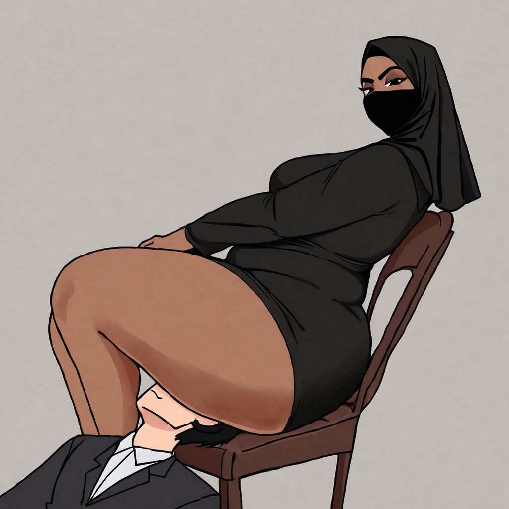 ai_generated arab_female arabian_female ass_worship black_mask civitai dominant_female facesitting femdom gigantic_ass head_on_chair hijab hijabi hotpants huge_ass huge_butt human_chair mask mature_female milf muslim muslim_female sitting_on_chair smaller_male wide_hips younger_male