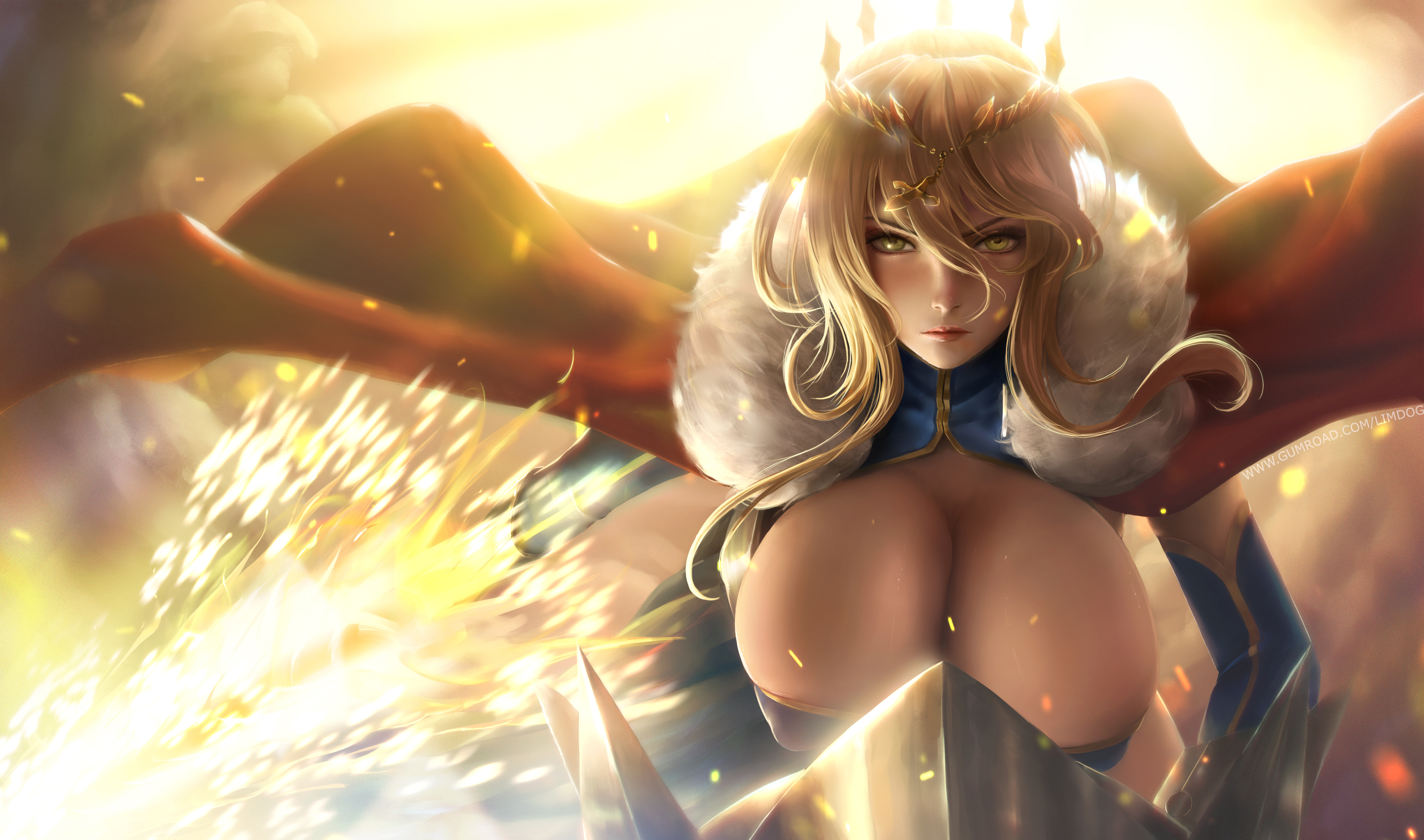 1girls, artoria pendragon, artoria pendragon (lancer), big breasts, blonde hair, breasts, crown, fate (series), fate/grand order, female, high resolution, highres, limgae, looking at viewer, overflowing breasts, queen, serious, solo, wallpaper, watermark, yellow eyes