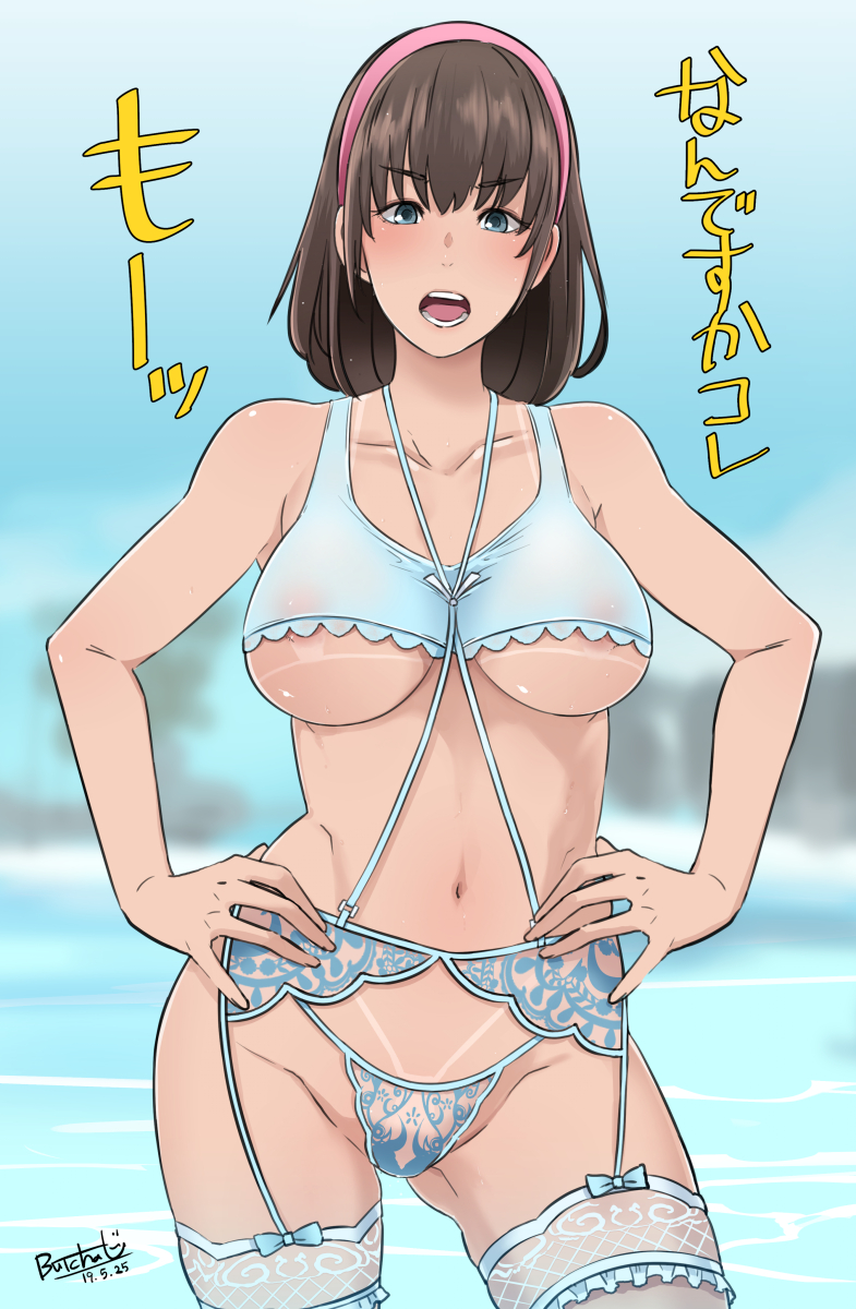 2019 blue_lingerie blue_stockings brown_hair butcha-u dead_or_alive dead_or_alive_xtreme_beach_volleyball eroquis female g-string garter_belt garter_straps hands_on_hips hitomi_(doa) large_breasts lingerie panties short_hair solo standing stockings tan tan_body tan_skin tanline tecmo thighhighs underboob