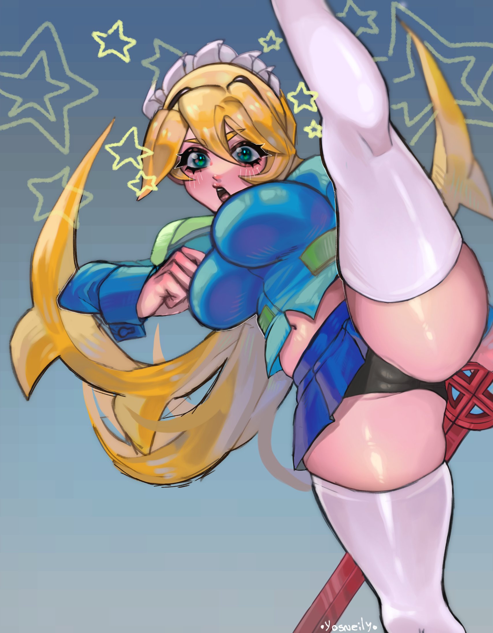 1girls, ass, belly, big breasts, black panties, black underwear, breasts, female, filia (skullgirls), finn the human (cosplay), mooo sann, panties, pantyshot, pantyshot (kicking), skullgirls, spread legs, thighhighs, underwear, upskirt, white thighhighs