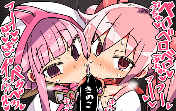 1boy, 2girls, bangs, blunt bangs, blush, censored, choker, collaborative fellatio, commentary request, fellatio, female, hood, kanikama, long hair, looking at viewer, madoka kaname, magia record: mahou shoujo madoka magica gaiden, magical girl, mahou shoujo madoka magica, male, multiple fellatio, multiple females, multiple girls, oral, penis, pink eyes, pink hair, pov, saliva, short hair, straight, tamaki iroha, teamwork, tongue, tongue out, translation request, twintails, upper body