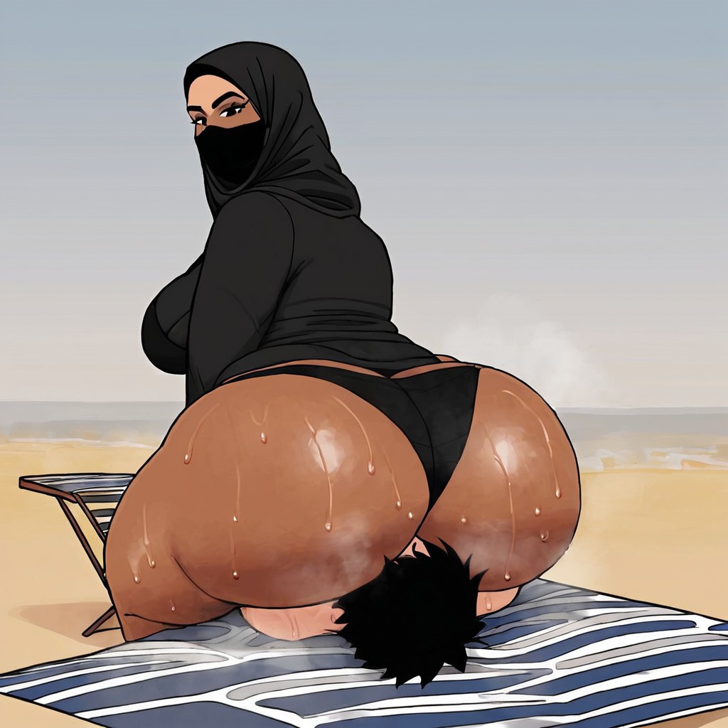 ai_generated arab_female arabian_female ass_worship black_mask civitai dominant_female facesitting femdom gigantic_ass hijab hijabi huge_ass huge_butt mask mature_female milf muslim muslim_female smaller_male sweat sweaty_butt wide_hips younger_male