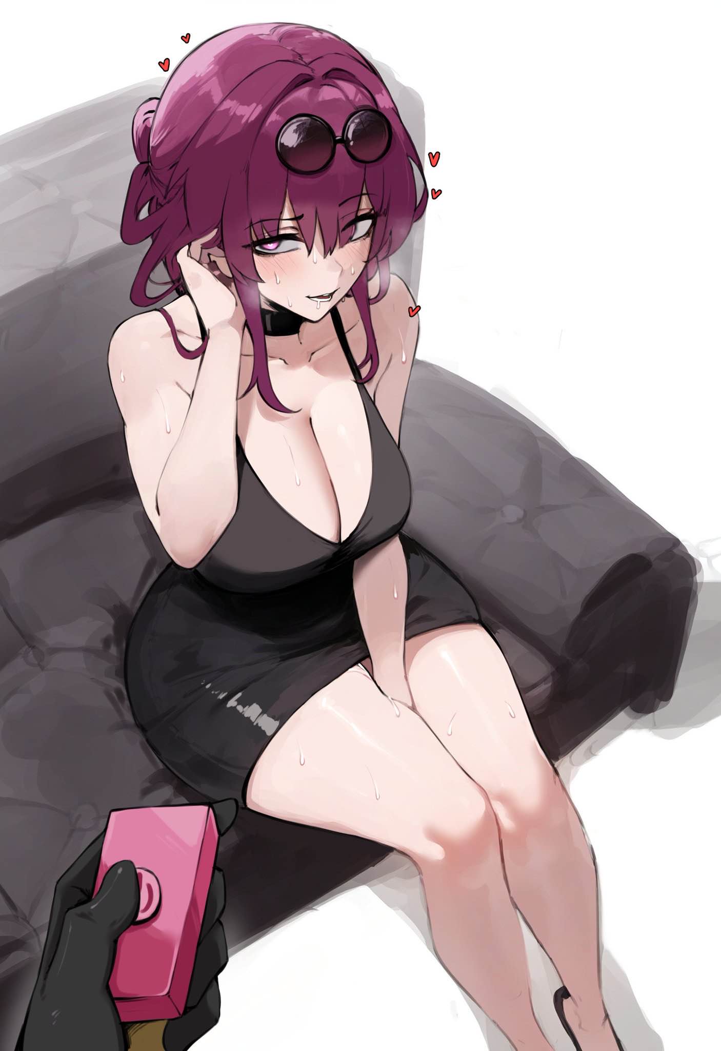 ai generated, big breasts, black dress, breasts, female, glasses, glasses on head, hand between legs, heart symbol, honkai: star rail, kafka (honkai: star rail), mihoyo, mihoyo technology (shanghai) co. ltd., neckwear, purple eyes, purple hair, sex toy, sweat, sweatdrop, sweating, thick thighs, thighs, touching hair, vibrator
