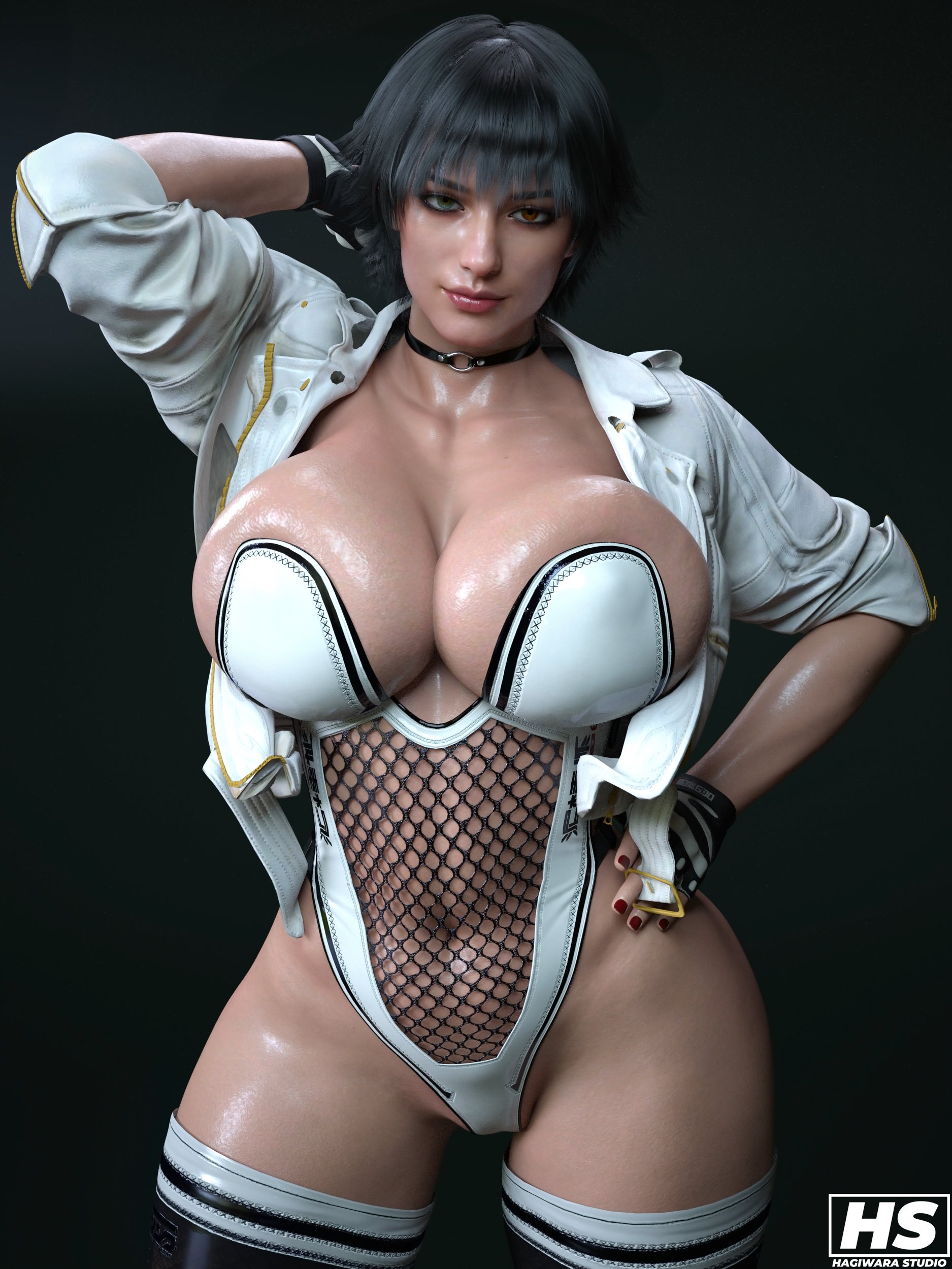 1girls, 3d, big breasts, black hair, breasts, capcom, devil may cry, devil may cry (series), devil may cry 5, fanart, fantasy, female, hagiwara studio, hair, heterochromia, huge breasts, lady (devil may cry), large breasts, light skin, light-skinned female, short hair, thick thighs, voluptuous, voluptuous female