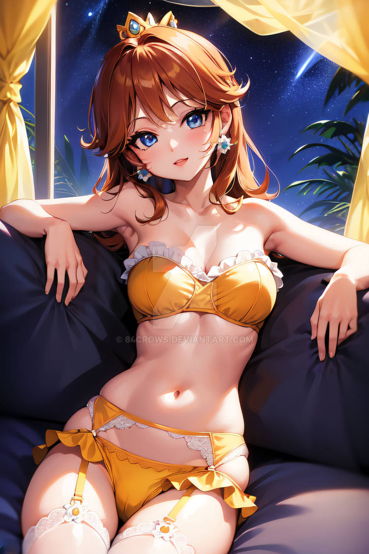 1girls 84crows ai_generated blue_eyes bra breasts brown_hair couch crown curtains earrings flower_earrings garter_belt garter_straps lingerie long_hair looking_at_viewer mario_(series) medium_breasts midriff navel night nintendo orange_bra orange_lingerie orange_panties panties princess_daisy sitting_on_couch thighhighs