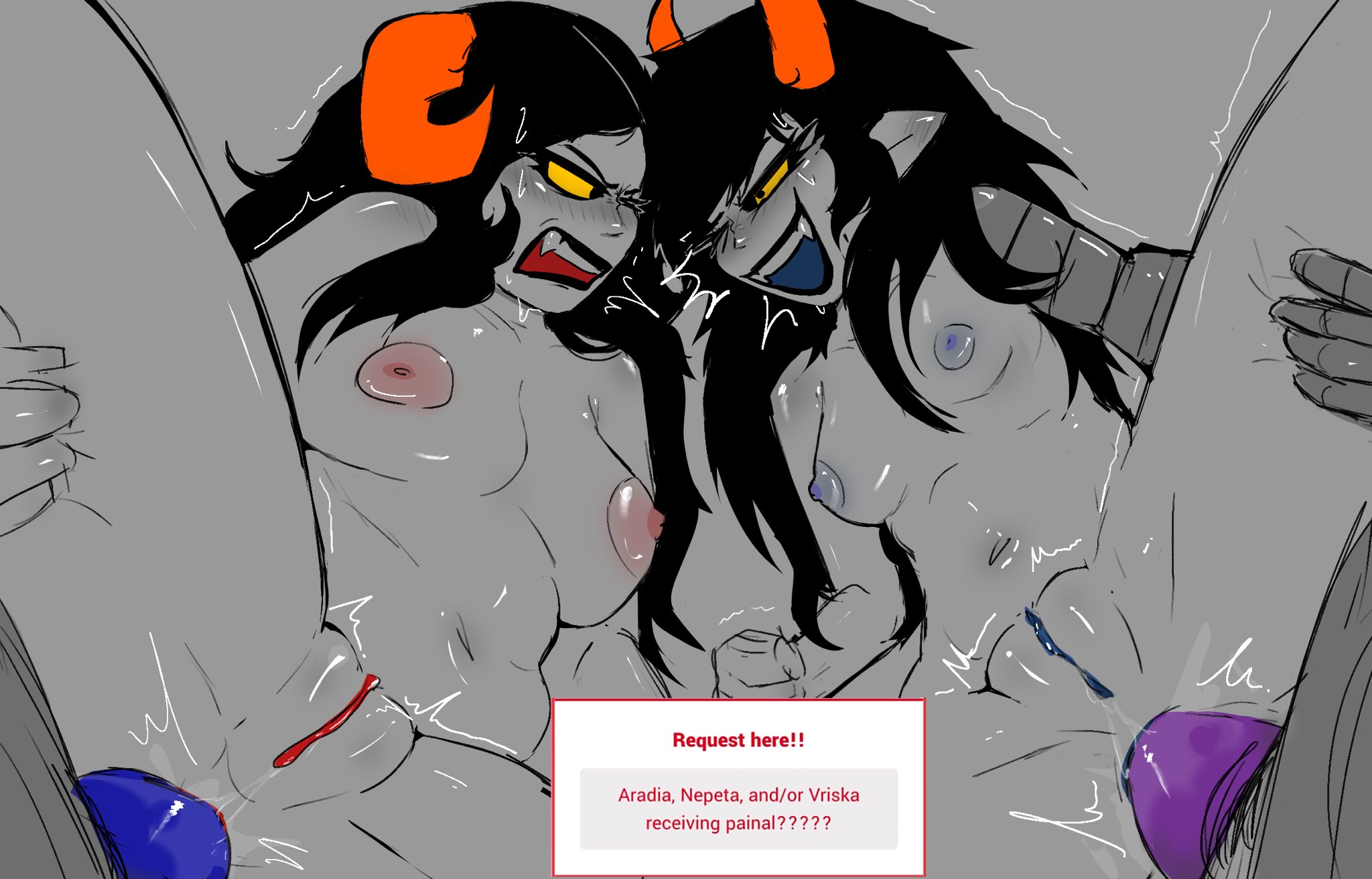 2girls, anal, anal sex, aradia megido, belly, blue nipples, blue pussy, electric (artist), female, homestuck, homestuck troll, horns, pain, painal, pussy, red nipples, red pussy, slightly chubby, tummy, vriska serket