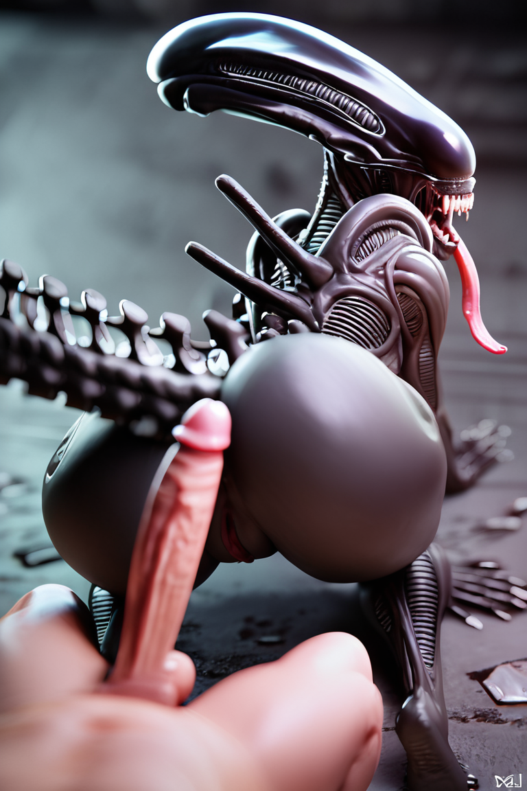 ai_generated alien alien_(franchise) alien_girl all_fours ass bad_hands big_penis breasts feet female_xenomorph grey_skin inviting long_tongue looking_back male/female no_penetration penis presenting pussy tail white_male xenomorph