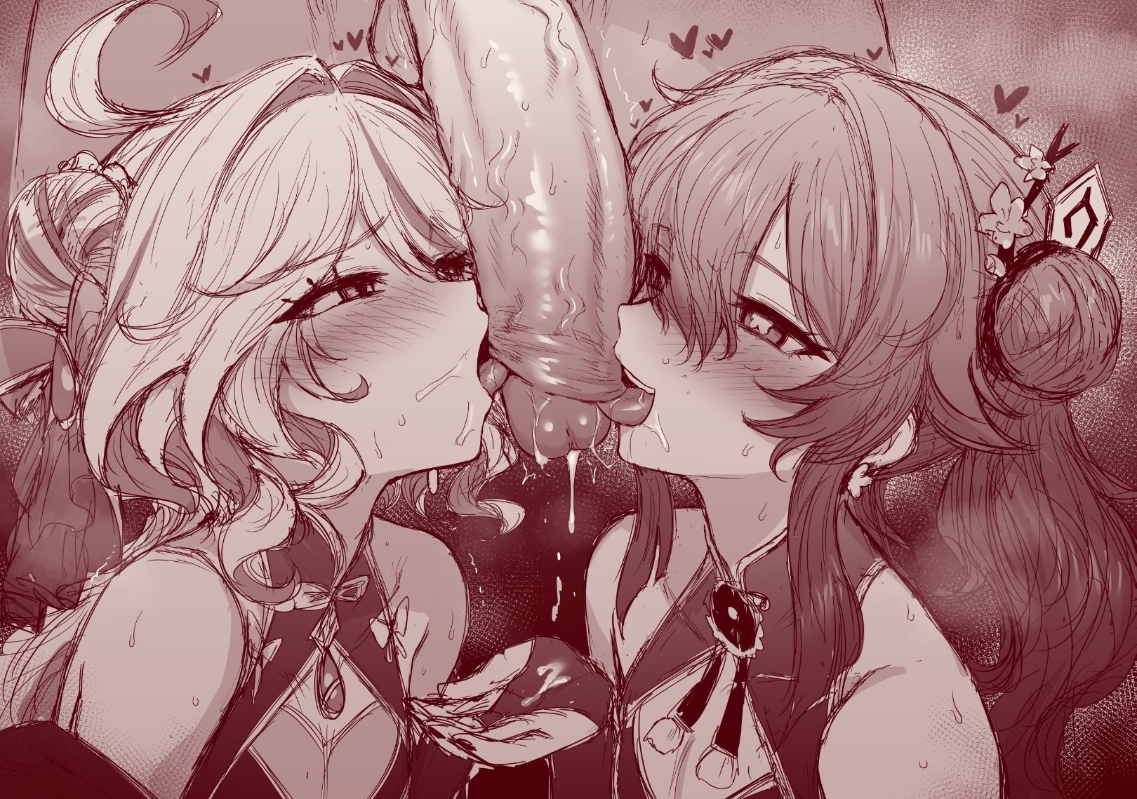 1boy, 2girls, ahoge, alternate costume, bare shoulders, blush, breasts, bridal gauntlets, china dress, chinese clothes, cleavage, cock worship, collaborative fellatio, cum, cum on body, double bun, dress, fellatio, female, ffm threesome, flustered, foreskin, foreskin play, furina (genshin impact), genshin impact, hair bun, hair intakes, hearts, hearts around head, hu tao (genshin impact), licking, licking penis, m-da s-tarou, male, oral, penis, sleeveless, small breasts, tongue, tongue out, trembling, uncensored, uncircumcised, upper body