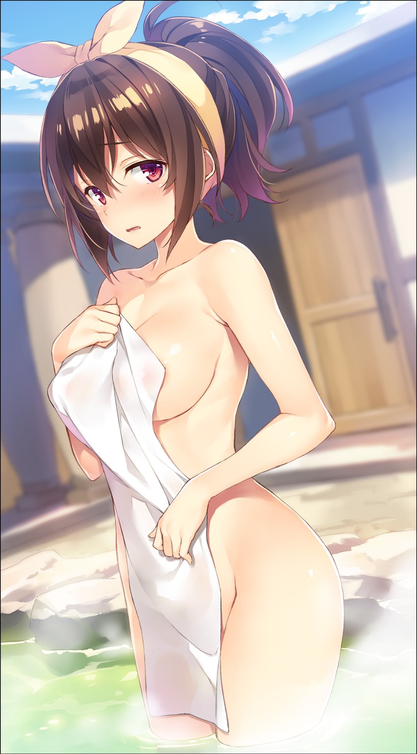 areola_slip ass_visible_through_thighs bare_arms bare_belly bare_legs bare_shoulders bare_thighs big_breasts blush breasts brown_hair collarbone covering_privates embarrassed hot_spring kono_subarashii_sekai_ni_shukufuku_wo! naked_towel nipples_visible_through_towel official_art onsen open_mouth outdoors partially_submerged ponytail red_eyes see-through shiny_skin sideboob steam thighs tied_hair towel towel_only yunyun_(konosuba) yuuki_hagure