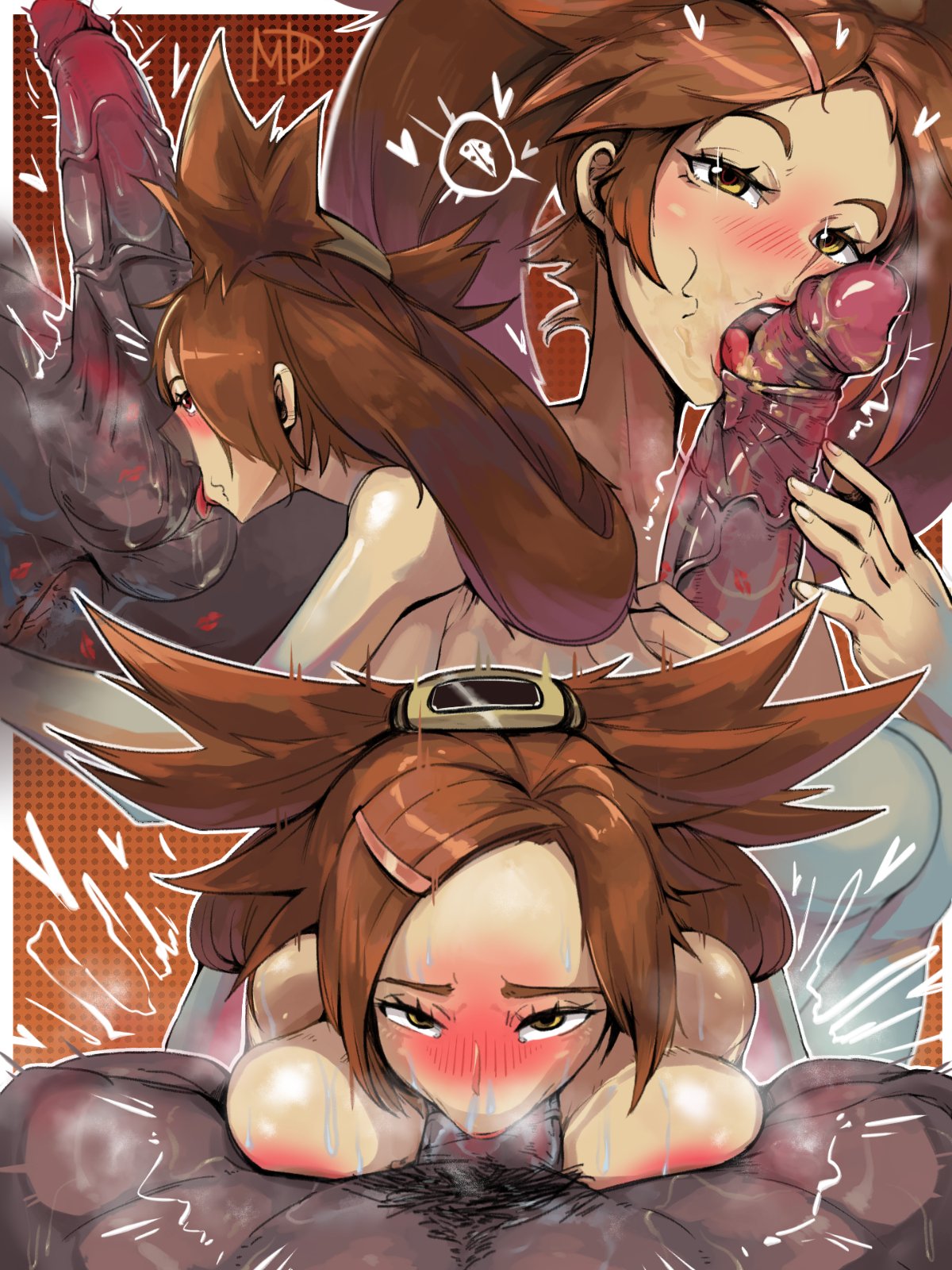 1boy, 1girls, balls, balls worship, belt, belt buckle, blowjob, brown hair, dark skin, dark-skinned male, female, guilty gear, guilty gear xrd, kuradoberi jam, long hair, madd horner, male, nude, smegma