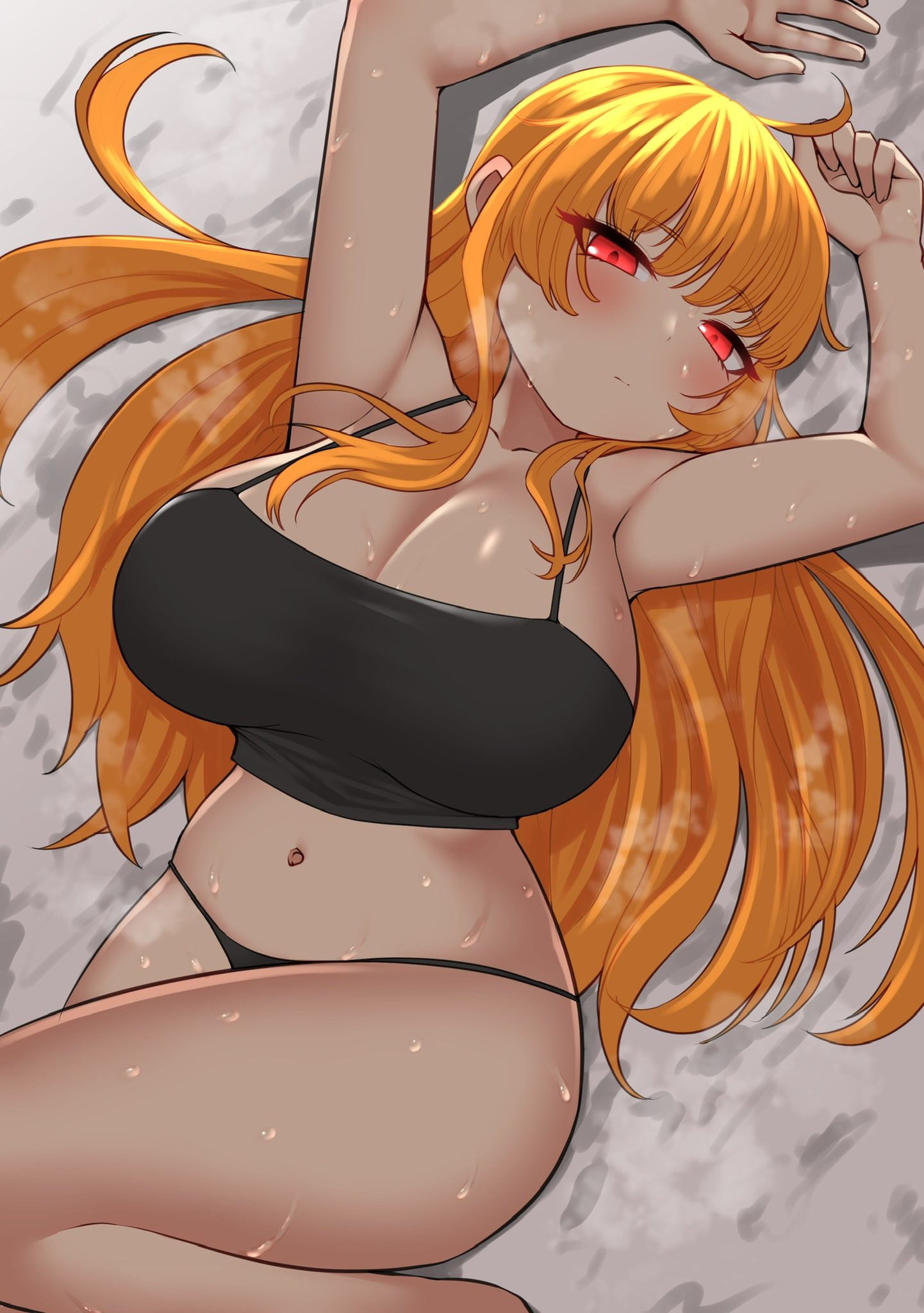 1girls, breasts, cleavage, female, glowing eyes, huge breasts, human, kaori (splatoon), laying down, light skin, light-skinned female, long hair, navel, nintendo, nobunagapero, orange hair, red eyes, shiny skin, splatoon, steam, sweat, sweating, tagme, tank top, thick thighs, thighs, thighs together, wide hips