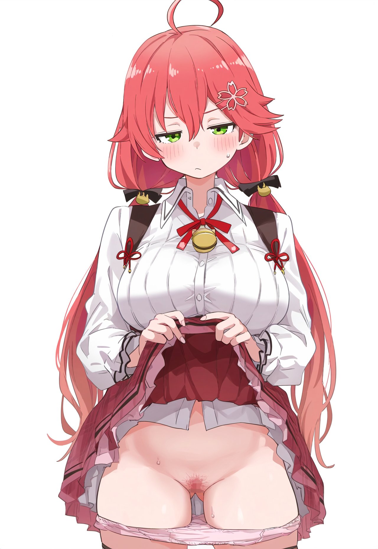 1girls female green_eyes hololive hololive_japan kumoridog large_breasts looking_at_viewer pink_hair pubic_hair sakura_miko skirt skirt_lift solo sweat sweatdrop virtual_youtuber