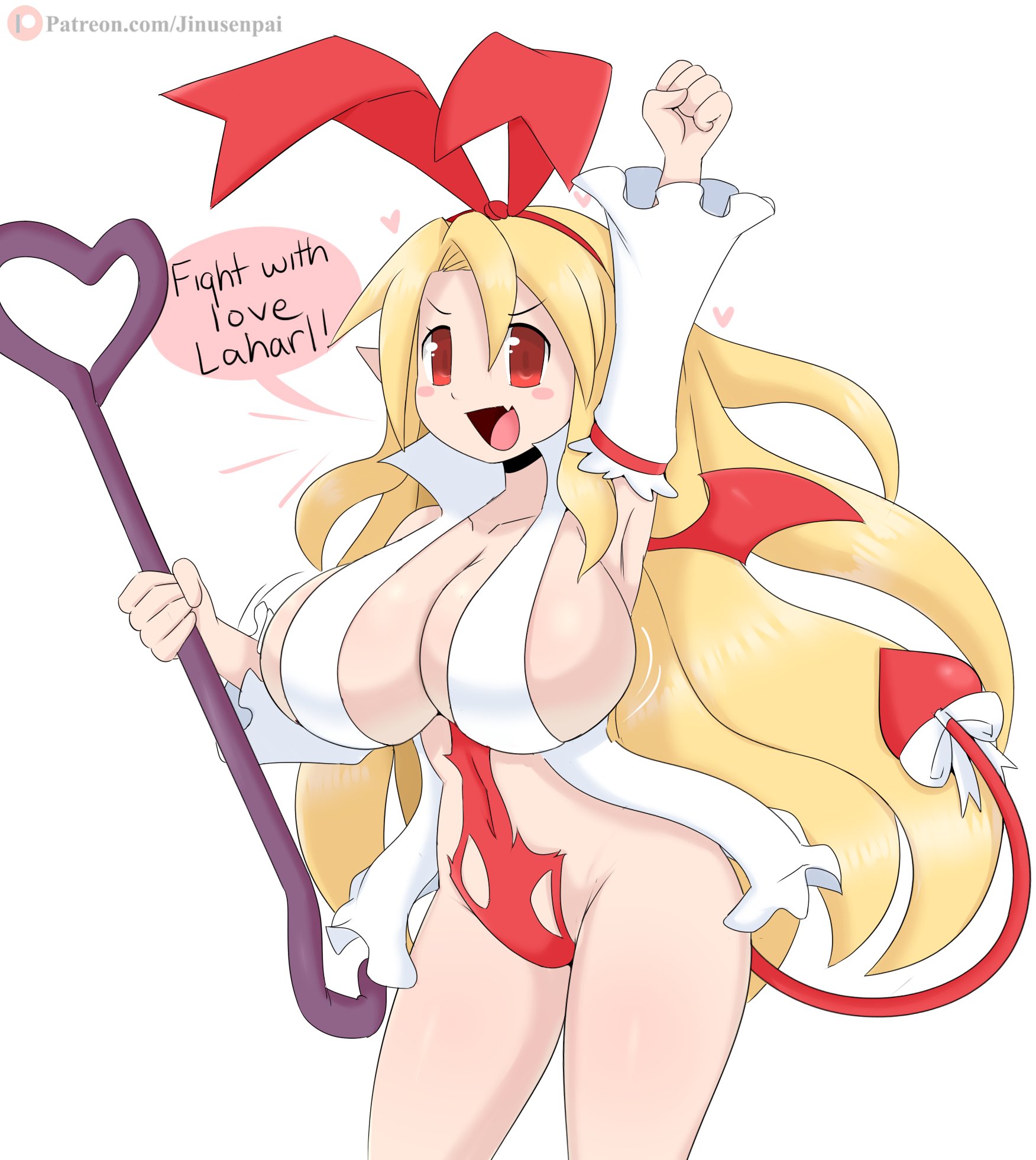 1girls, blonde hair, breasts, cleavage, disgaea, female, female only, flonne, huge breasts, jinu, looking at viewer, name drop, solo, speech bubble, text, torn clothes