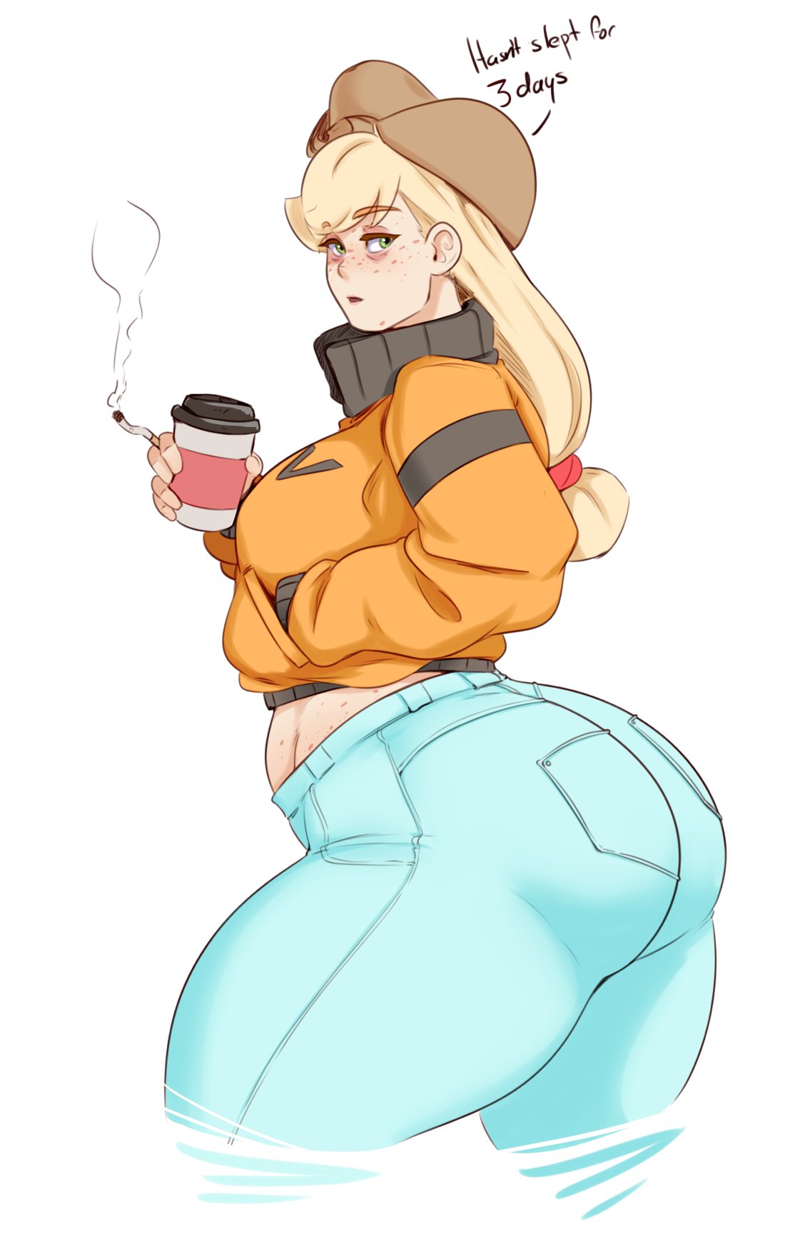 1girls, applejack (mlp), ass, big ass, cigarette, female, female only, friendship is magic, huge ass, humanized, jeans, looking at viewer, looking back, my little pony, skin tight, smoking, solo, straight hair, sunnysundown, tight jeans, tight pants