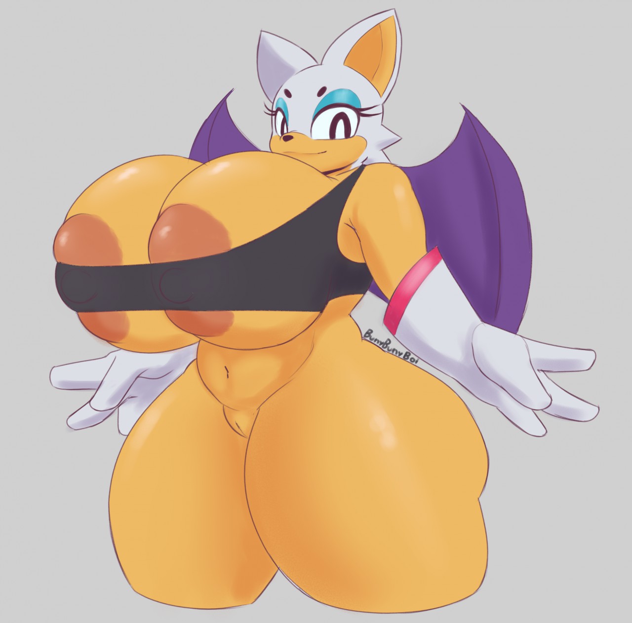 areolae, big breasts, bottomless, breasts, bunybunyboi, crop top, female, female focus, female only, fur, furry, furry only, gym uniform, handwear, ineffective clothing, milf, mostly nude, naked, nipple bulge, nude, partially clothed, pussy, rouge the bat, solo female, solo focus, sonic (series), thick thighs, topwear, vagina, wide hips