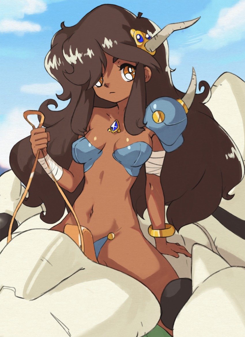 1girls armor big_hair bikini_armor blue_sky blurry blurry_background bracelet breasts brown_eyes brown_hair closed_mouth cloud commentary dark_skin english_commentary female female_only gem highres holding horns jewelry long_hair looking_at_viewer medium_breasts monster navel original outdoors pauldrons reins riding simple_background sitting sky solo vins-mousseux