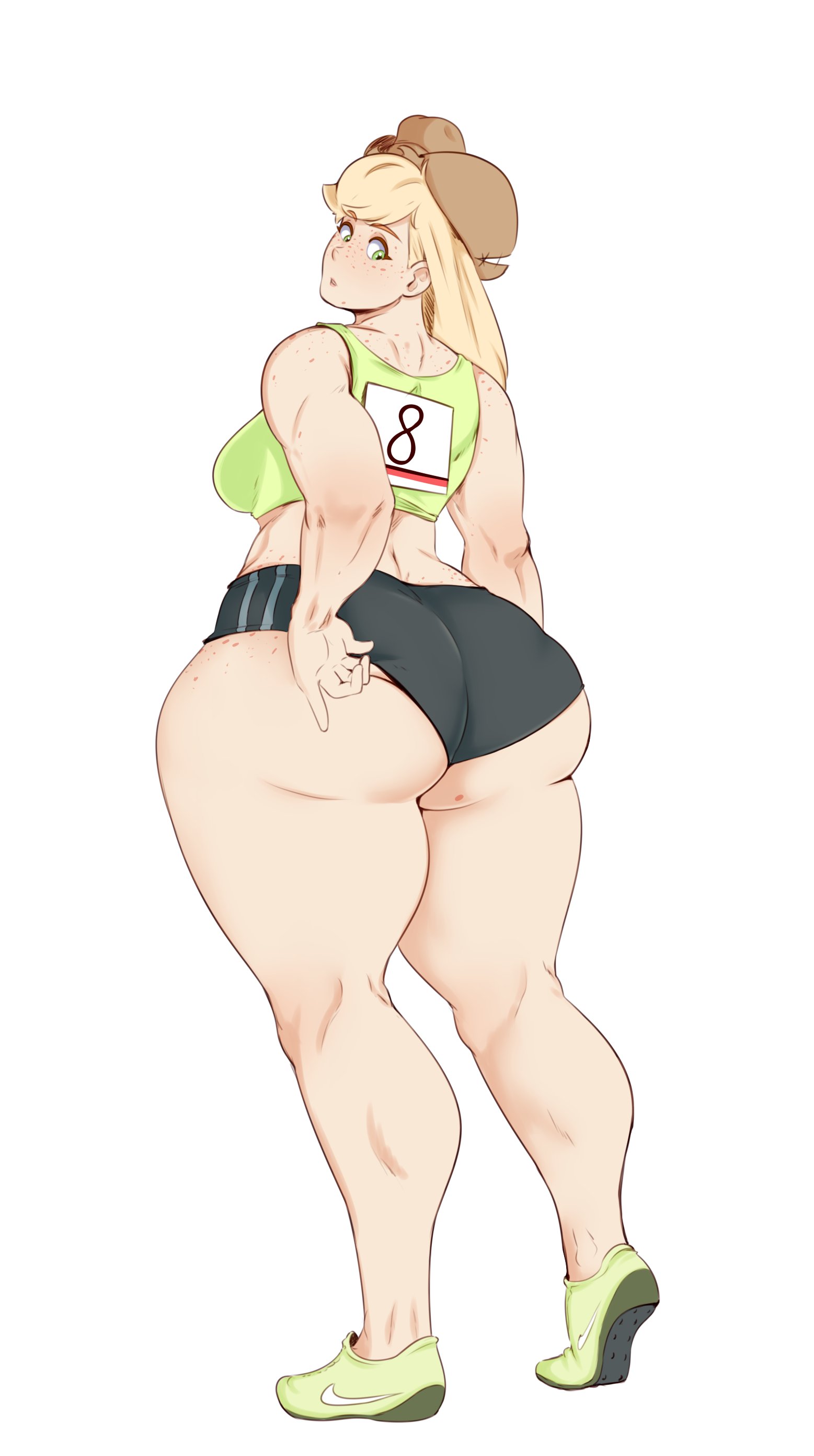 1girls, adjusting shorts, applejack (mlp), ass, ass too big, athletic wear, big ass, blonde, blonde female, blonde hair, blonde-haired female, color, female, female only, freckles, freckles on ass, freckles on face, freckles on shoulders, friendship is magic, green eyes, hat, huge ass, human, humanized, inconvenient ass, inconvenient butt, long hair, looking at own ass, looking at own butt, looking back, looking over shoulders, my little pony, shoes, shorts, solo, solo female, straight hair, sunnysundown, thick thighs, tight fit, undersized clothes, wide hips