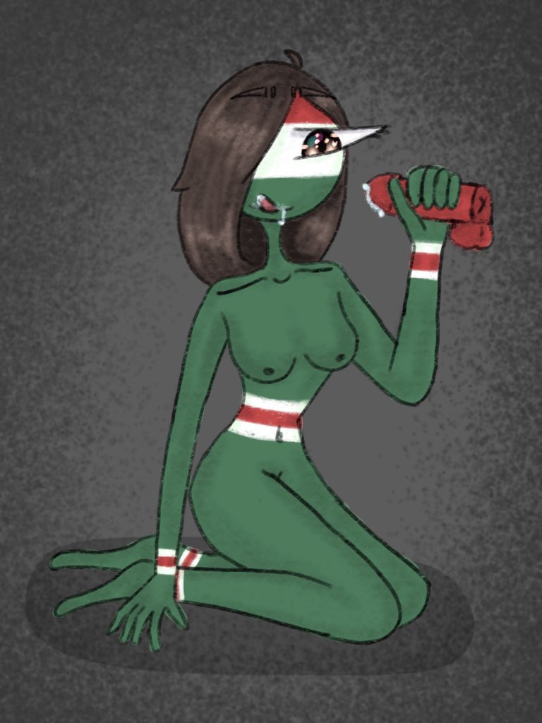 breasts brown_hair countryhumans countryhumans_girl green_skin hungary hungary_(countryhumans) kneeling mouth mouth_closed one_eye_covered precum red_penis short_hair small_nipples tongue tongue_out