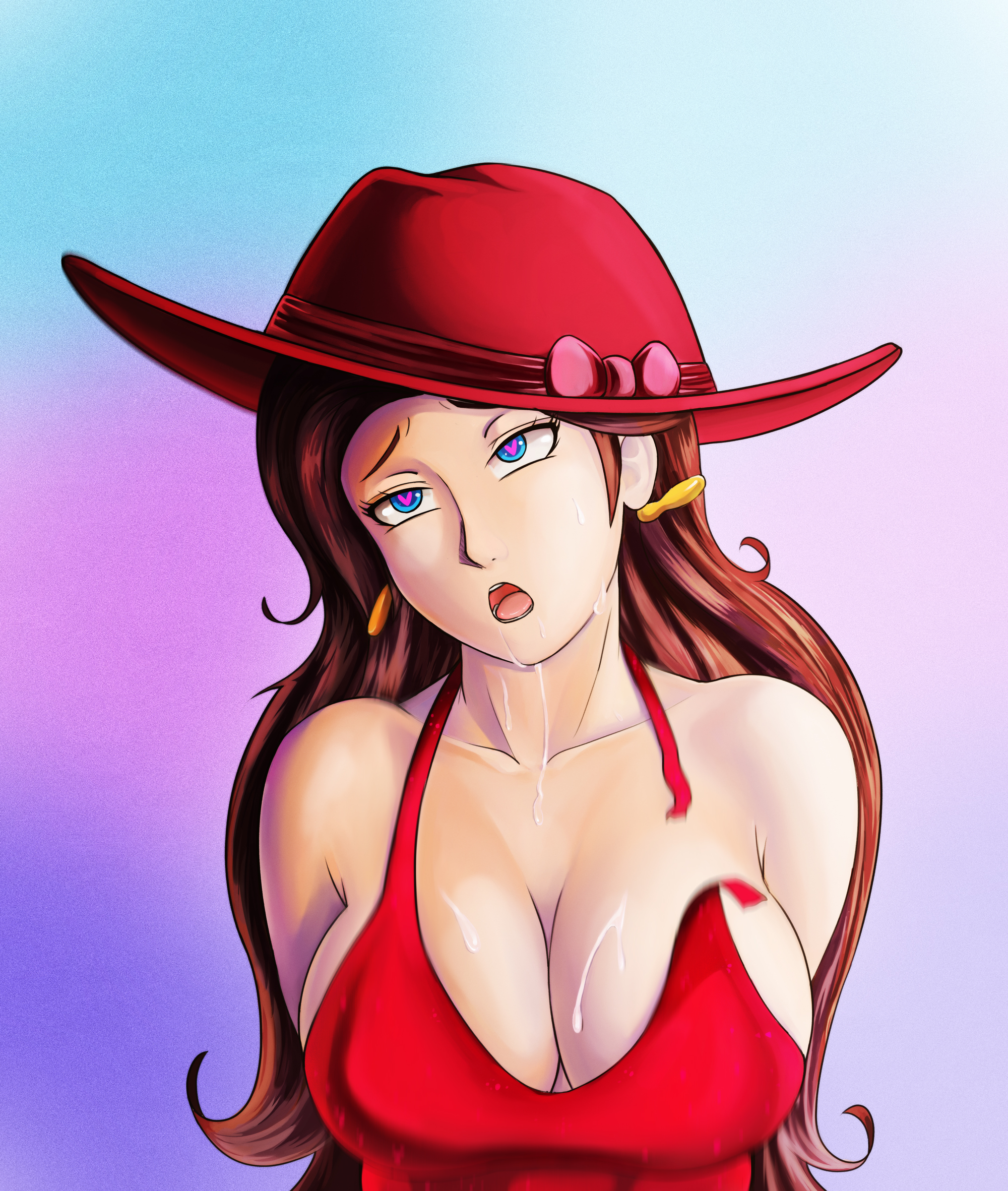 1girls, big breasts, blue eyes, breasts, brown hair, cleavage, cum, cum on breasts, cum on face, dpannkaka, dress, earrings, female, female only, gold jewelry, half-closed eyes, hat, heart-shaped pupils, huge breasts, large breasts, long hair, mario (series), nintendo, open mouth, pale skin, pannkaka666, pauline, red dress, red hair, red hairband, solo, super mario odyssey, torn clothing, upper body