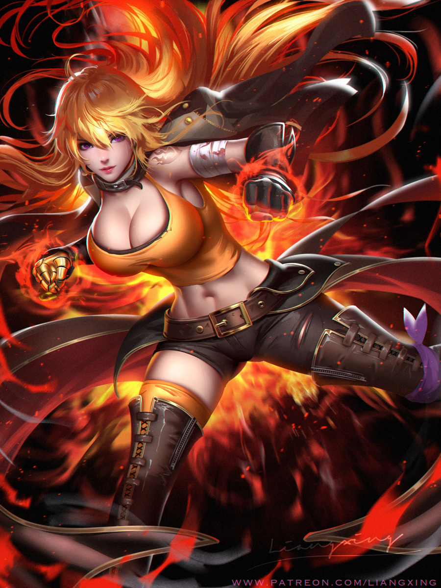 1girls, big breasts, breasts, cleavage, female, female only, large breasts, liang xing, prosthetic, prosthetic arm, robotic arm, rwby, solo, very long hair, yang xiao long