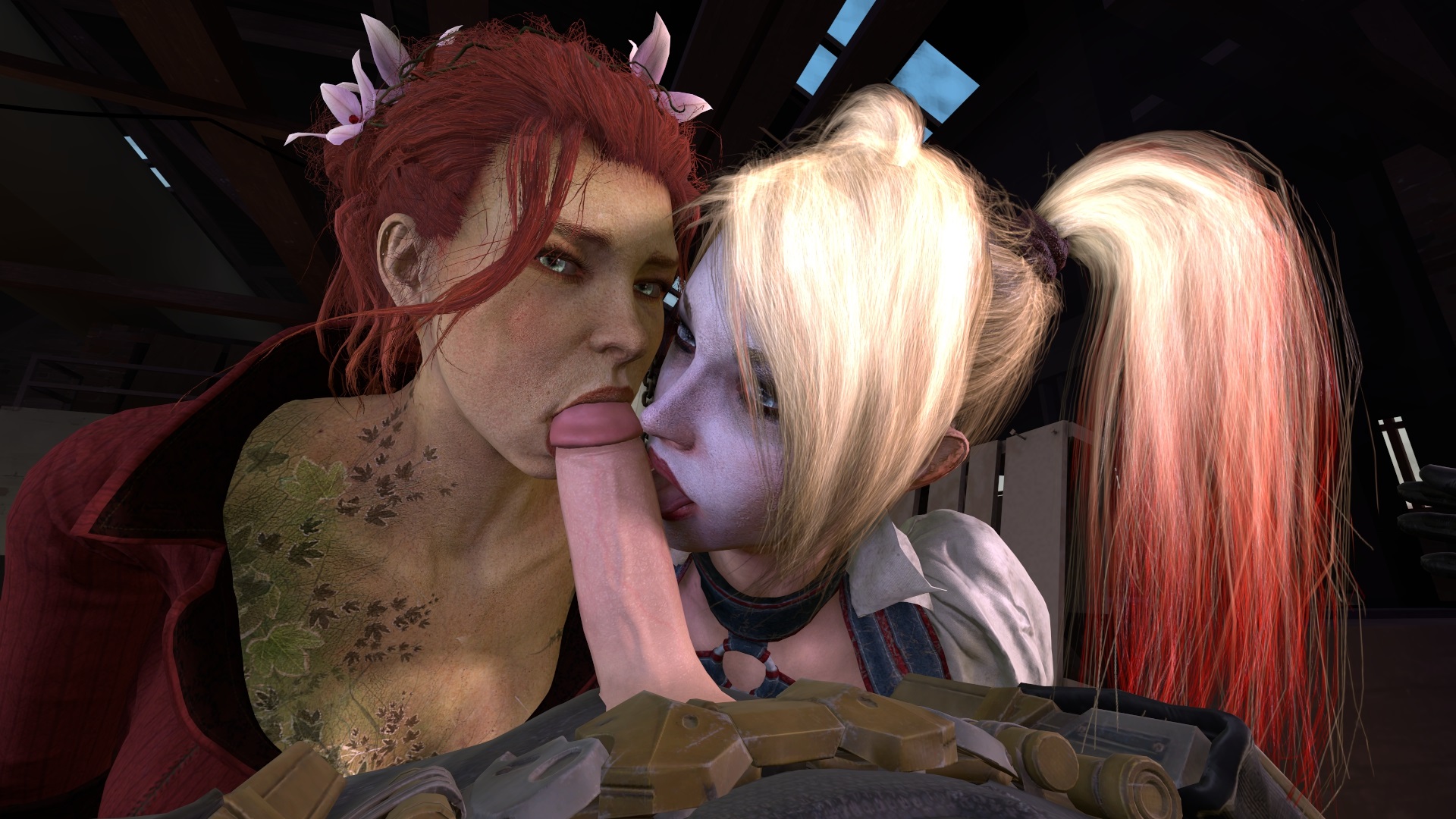 2girls, 3d, background, batman, batman (bruce wayne), batman (series), batman: arkham knight, belt, blonde hair, blowjob, blue eyes, bruce wayne, choker, clothed, clothed female, clothed sex, clothing, collaborative fellatio, couple fellatio, csr55, dc, dc comics, double fellatio, erection, facepaint, fellatio, female, female focus, ffm threesome, fully clothed, green eyes, green skin, green-skinned female, harley quinn, harley quinn (arkham knight), harley quinn (arkham), licking penis, light skin, light-skinned male, lipstick, looking at viewer, male, male pov, multiple females, multiple girls, neckwear, oral, pale skin, pale-skinned male, pamela isley, partial male, penis, penis out, poison ivy, poison ivy (arkham knight), poison ivy (arkham), pov, puffy sleeves, red clothing, red hair, red lipstick, rocksteady studios, short sleeves, sleeves, source filmmaker, teamwork, threesome, tongue, twintails, two-tone hair, vein, veiny penis