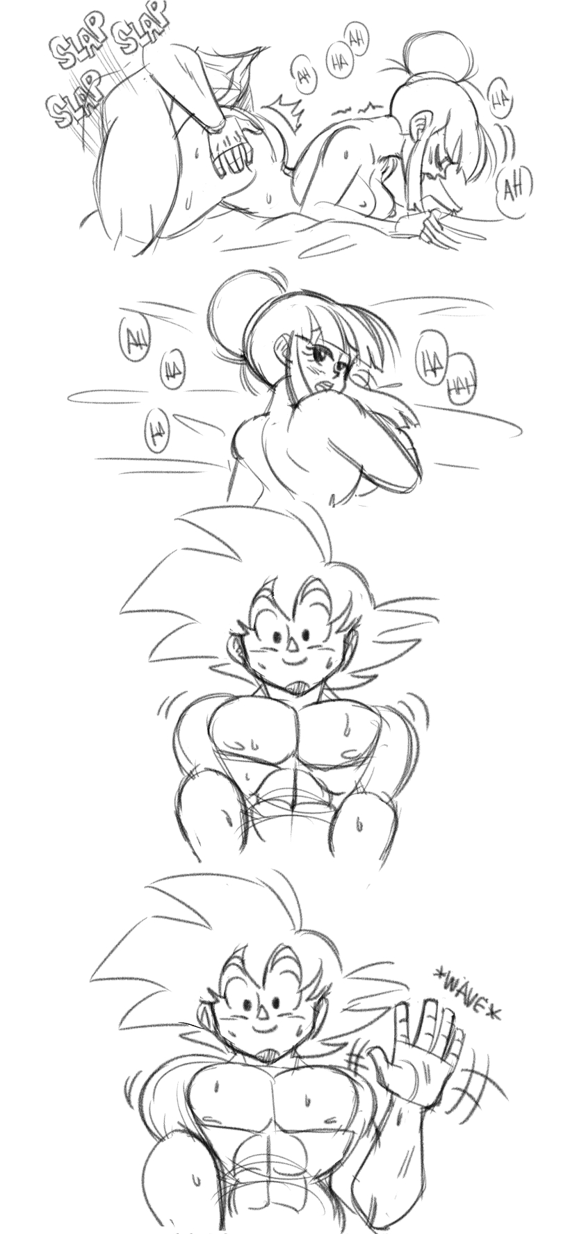 1boy, 1girls, ass, ass grab, bed, big ass, black eyes, breasts, canon couple, chichi, closed eyes, comedy, comic, doggy style, dragon ball, dragon ball z, english text, female, female penetrated, funny, funsexydragonball, goku, hair, hair bun, humor, husband, husband and wife, looking at viewer, looking back, male, male penetrating, milf, monochrome, muscles, muscular, muscular male, nipples, open mouth, sketch, son goku, speech bubble, speed lines, sweat, sweatdrop, text, white background, wife
