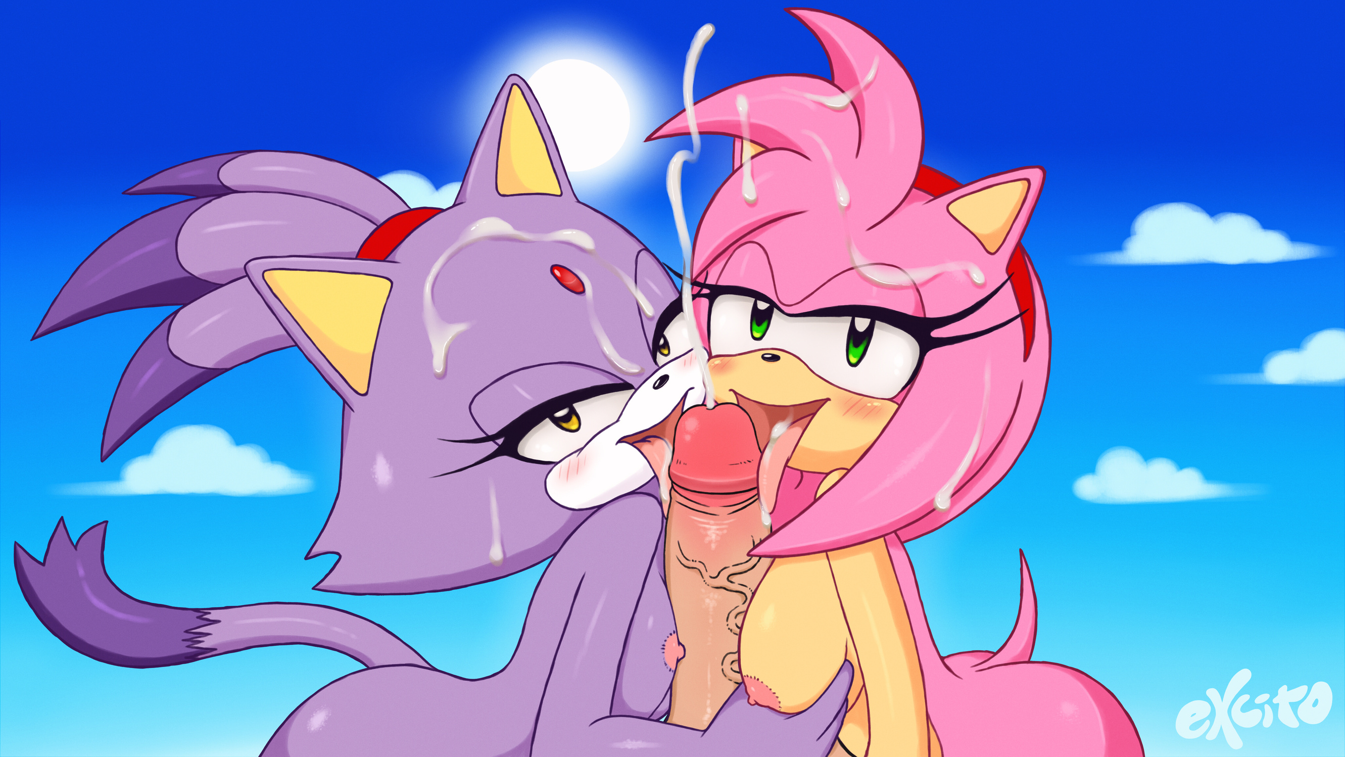 1boy, 2girls, amy rose, anthro, beach, blaze the cat, blush, breasts, cum, cum on face, cumshot, ejaculation, excito, felid, feline, felis, female, foreskin, fur, furry, glans, glans licking, glansjob, human, human on anthro, humanoid penis, licking, licking cum, licking penis, long penis, looking at viewer, male, male pov, naked, nude, penis, pov, retracted foreskin, sonic (series), sonic the hedgehog (series), straight, tail, threesome, tongue, uncircumcised, uncut