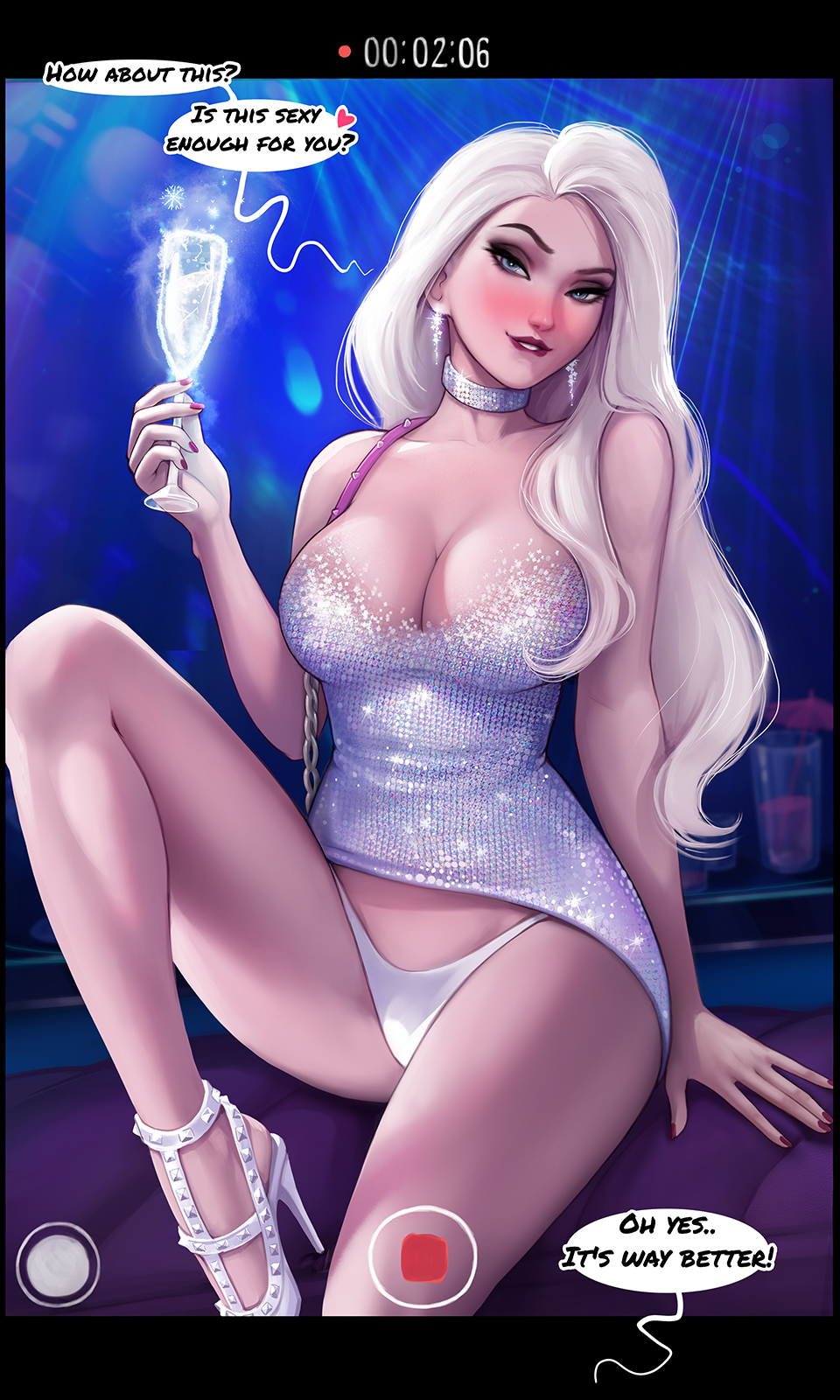 1girls alcohol alternate_breast_size aroma_sensei big_breasts biting_lip blonde_hair blue_eyes breasts camera champagne_glass choker cleavage collar dialogue disney dress drunk earrings elsa_(frozen) english_text female female_only frozen_(film) hair_down high_heels hourglass_figure large_breasts lipstick looking_at_viewer mascara nail_polish offscreen_male panties pantyshot pink_nails purse recording red_lipstick seductive_look sequin_collar sequin_dress silver_dress solo speech_bubble spread_legs stiletto_heels text thick_thighs very_high_heels voluptuous wine wine_glass