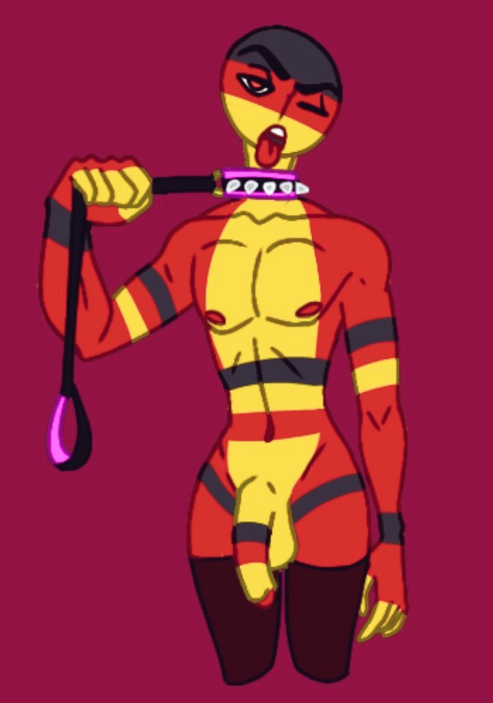 bald black_body black_collar black_penis black_skin choking collar countryhumans eyebrows germany germany_(countryhumans) gold_ring male_only multicolored_body multicolored_skin one_closed_eyes one_eye_closed one_eye_open pink_collar red_background red_body red_nipples red_penis red_skin red_stockings spiked_collar spikes stockings teeth thick_eyebrows tongue tongue_out wink winking yellow_body yellow_penis yellow_skin