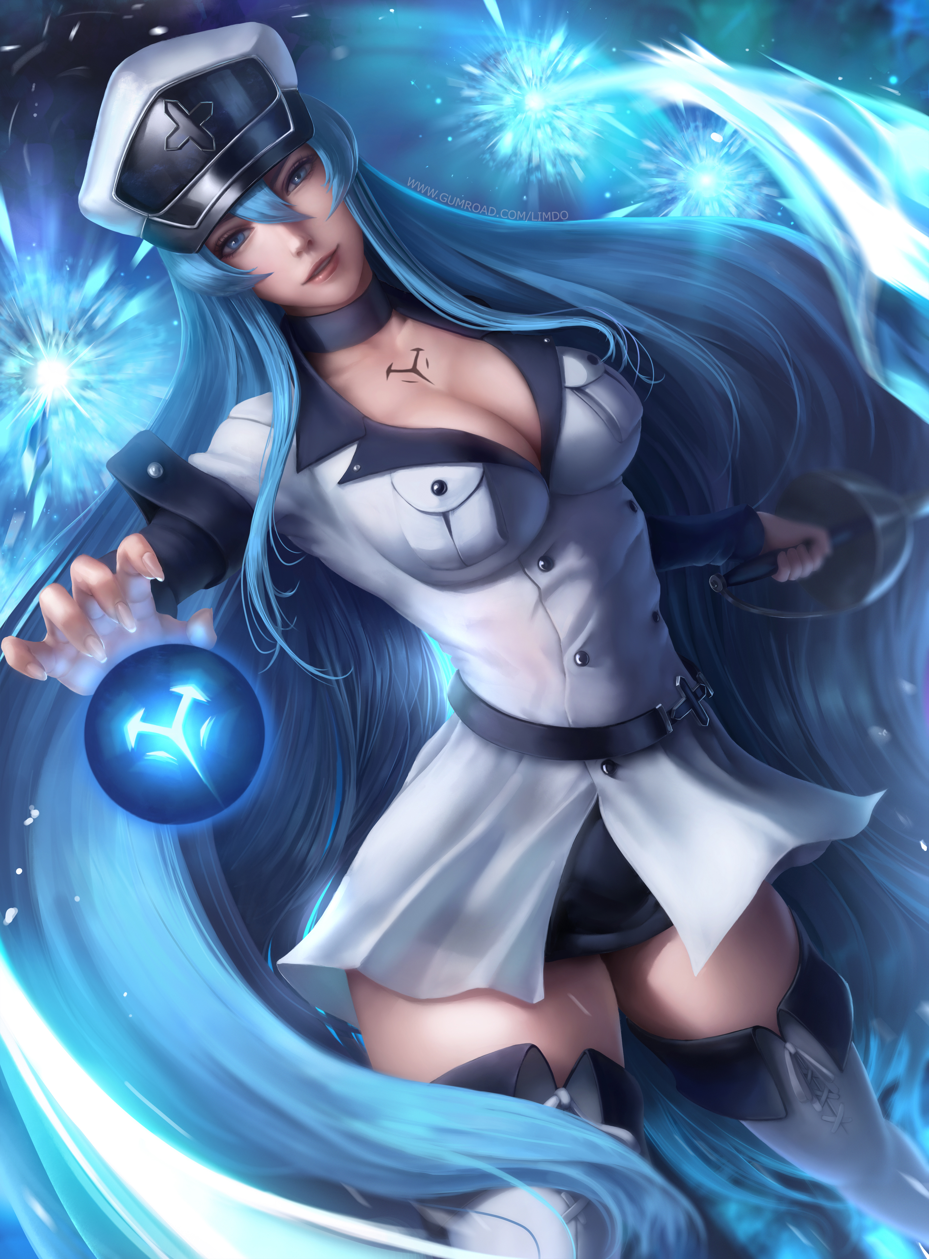 1girls, 2020, absurdres, akame ga kill!, alternate version available, artist name, big breasts, blue eyes, blue hair, body markings, boots, breasts, choker, cleavage, cryokinesis, energy, energy ball, esdeath (akame ga kill!), female, female only, hat, high resolution, highres, human, human only, large breasts, light skin, light-skinned female, limgae, long hair, long nails, looking at viewer, powers, questionable, rapier, sfw, smile, solo, solo female, standing, sword, tattoo, tattoo on chest, thighhighs, thighs, uniform, url, very long hair, villainess, weapon
