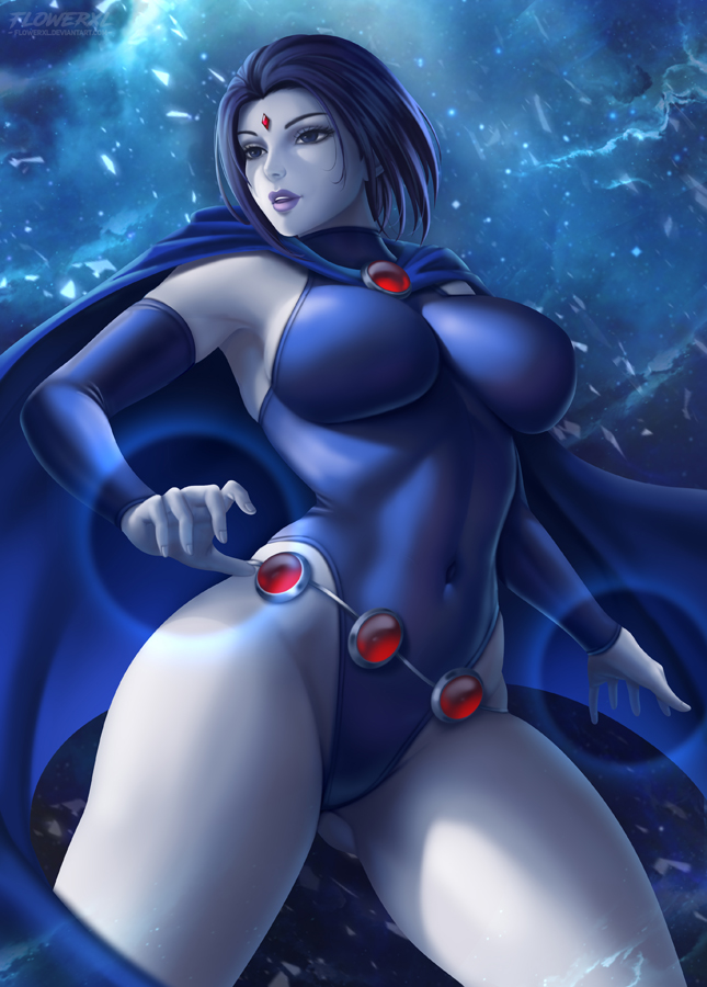 1girls, alternate version available, big breasts, breasts, dc, dc comics, female, female only, flowerxl, highleg leotard, large breasts, leotard, rachel roth, raven (dc), solo, straight hair, teen titans