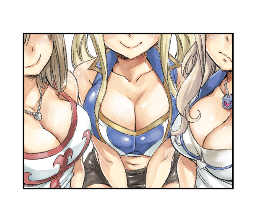 3girls big_breasts blonde_hair brown_hair cleavage crossover edens_zero elie fairy_tail lucy_heartfilia mashima_hiro multiple_girls rave_master rebecca_bluegarden resha_valentine smile wavy_hair