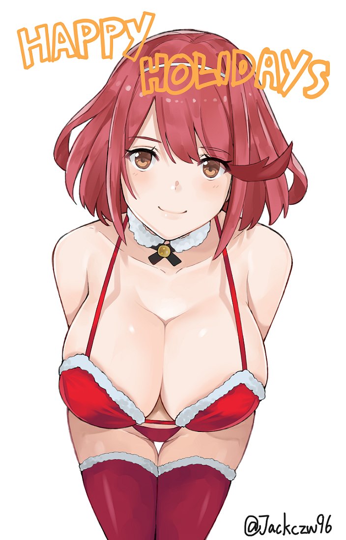 1girls, bangs, bare shoulders, bent over, bikini, blush, breasts, brown eyes, christmas, cleavage, closed mouth, collarbone, detached collar, eyebrows visible through hair, female, fur trim, hairband, halterneck, happy holidays, huge breasts, j@ck, jewelry, large breasts, leaning forward, lingerie, looking at viewer, merry christmas, nintendo, pyra, red bikini, red eyes, red hair, santa costume, short hair, smile, solo, swept bangs, swimsuit, thighhighs, xenoblade (series), xenoblade chronicles 2