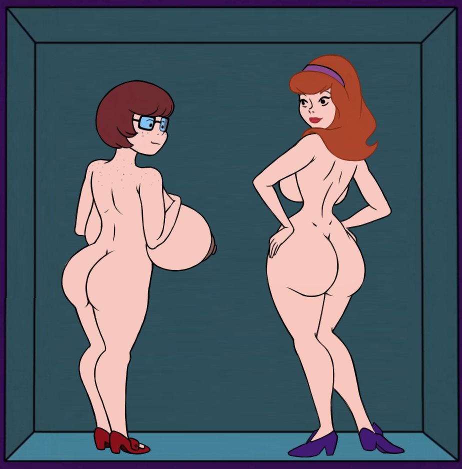 2girls, ass, ass expansion, back view, backboob, breasts, brown nipples, chubby, daphne blake, edit, erect nipples, expansion, female, freckles, gigantic ass, gigantic breasts, gigantic nipples, glasses, hand on ass, hands on breasts, hanna-barbera, huge ass, huge breasts, large ass, monkeyman (artist), naked footwear, naked shoes, nipples, nude, nude female, scooby-doo, scooby-doo and guess who?, screenshot, screenshot edit, sideboob, thin waist, velma dinkley