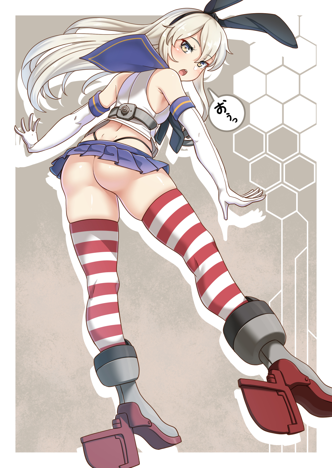 1girls, anchor hair ornament, ass, black panties, blonde hair, blue skirt, breasts, crop top, elbow gloves, eyebrows visible through hair, female, gloves, grey eyes, hair between eyes, hair ornament, hairband, highleg, highleg panties, highres, kantai collection, long hair, microskirt, miniskirt, panties, ryuun (stiil), sailor collar, school uniform, serafuku, shimakaze (kantai collection), skirt, small breasts, solo, striped, striped legwear, thighhighs, underwear, white gloves