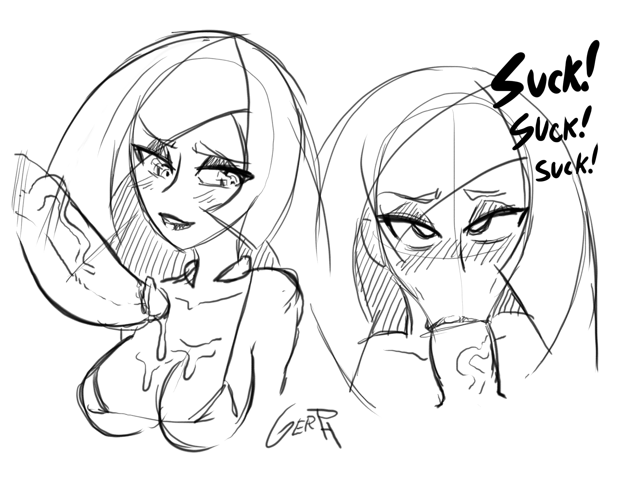 :>=, 1boy, 1girls, aether foundation, alternate breast size, alternate outfit, big breasts, big penis, bikini, blush, breasts, cleavage, cum in breasts, eye contact, fellatio, female, gerph, half-closed eyes, human, human only, lips, lipstick, long hair, looking at viewer, lusamine (pokemon), male, male pov, milf, monochrome, mother, nintendo, penis, pokemon, pokemon sm, pov, sketch, small breasts, sound effects, source request, straight, sucking, text, veins, veiny penis, watermark, white background