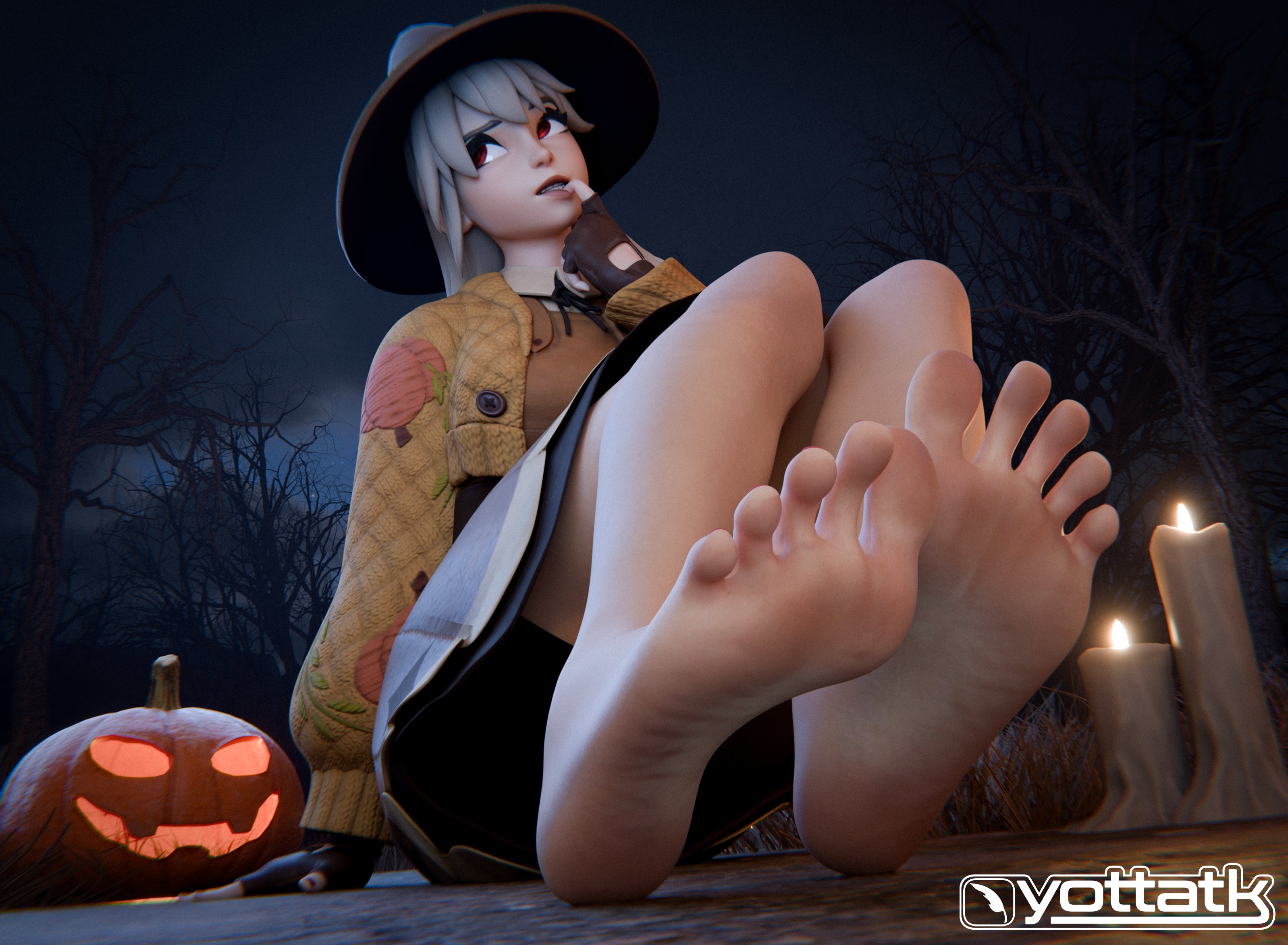 1girl, 1girls, artist request, barefoot, feet, feet fetish, feet focus, finger to mouth, foot, foot fetish, foot focus, fortnite, fortnite: battle royale, halloween, lexa (fortnite), lexa hexbringer (fortnite), looking at viewer, night, outdoors, red eyes, soles, solo, toes, white hair, witch, witch hat