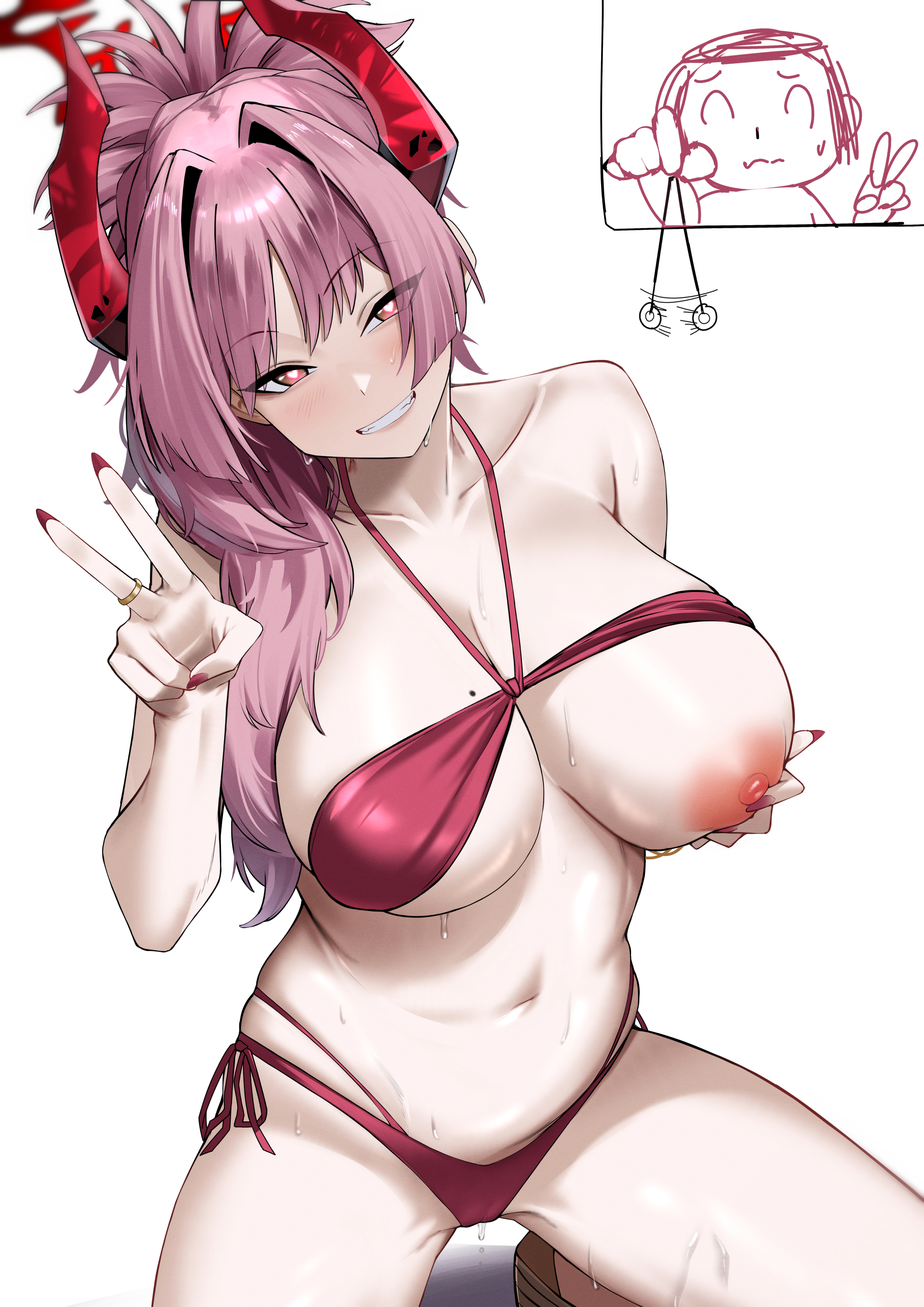 1boy, 1girls, absurdres, altered common sense, bikini, blue archive, breasts, change in common sense, cliov, demon girl, demon horns, doodle sensei (blue archive), female, hair intakes, halo, happy trance, heart, heart-shaped pupils, hetero, highres, holding, holding pendulum, horns, hypnosis, imminent paizuri, jewelry, large breasts, long hair, male, mind control, mole, mole on breast, multicolored horns, navel, nipples, official alternate costume, one breast out, orange eyes, pendulum, pink hair, red bikini, red halo, ring, satsuki (blue archive), satsuki (swimsuit) (blue archive), sensei (blue archive), skindentation, smile, squatting, squatting female, stomach, swimsuit, symbol-shaped pupils, thong, thong bikini, thong bikini bottom, tight bikini, tight thong, two-tone horns, unaware, unaware hypnosis, v, very long hair, voluptuous, voluptuous woman