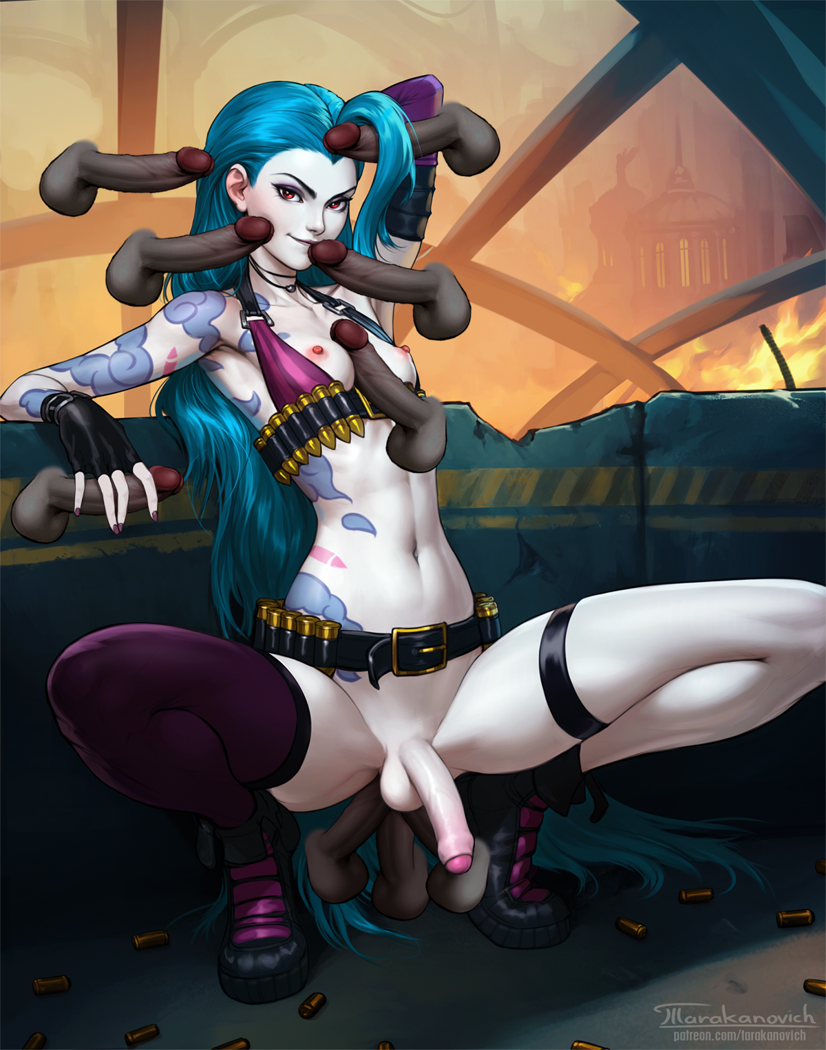 1futa, 6+boys, areolae, balls, belt, bottomless, braid, bullet, dark skin, dark-skinned male, dickgirl, erect nipples, fingerless gloves, flat chest, foreskin, futanari, gloves, half-erect, highres, interracial, intersex, jinx (league of legends), league of legends, long hair, male, male on futa, male with male, navel, nipples, paid reward, patreon reward, penis, purple legwear, red eyes, single thighhigh, squatting, tactical nudity, tarakanovich, tattoo, thighhighs, toned, twin braids, uncircumcised, uncut