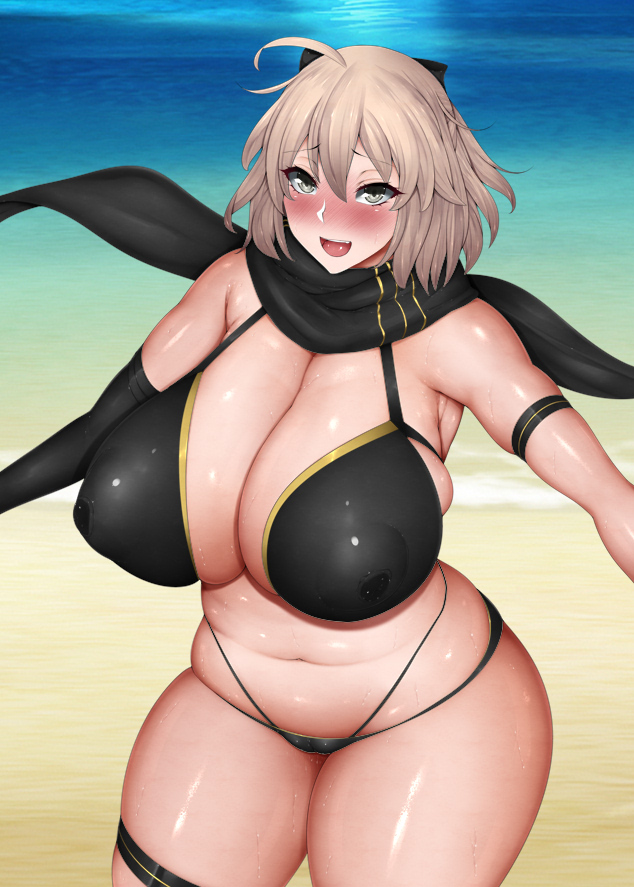 1girls, bikini, blonde hair, breasts, fate (series), fate/grand order, female, huge breasts, kurotama, okita souji (fate), okita souji (fate) (all), plump, scarf, see-through, short hair, solo, swimsuit, thick thighs, venus body, wide hips
