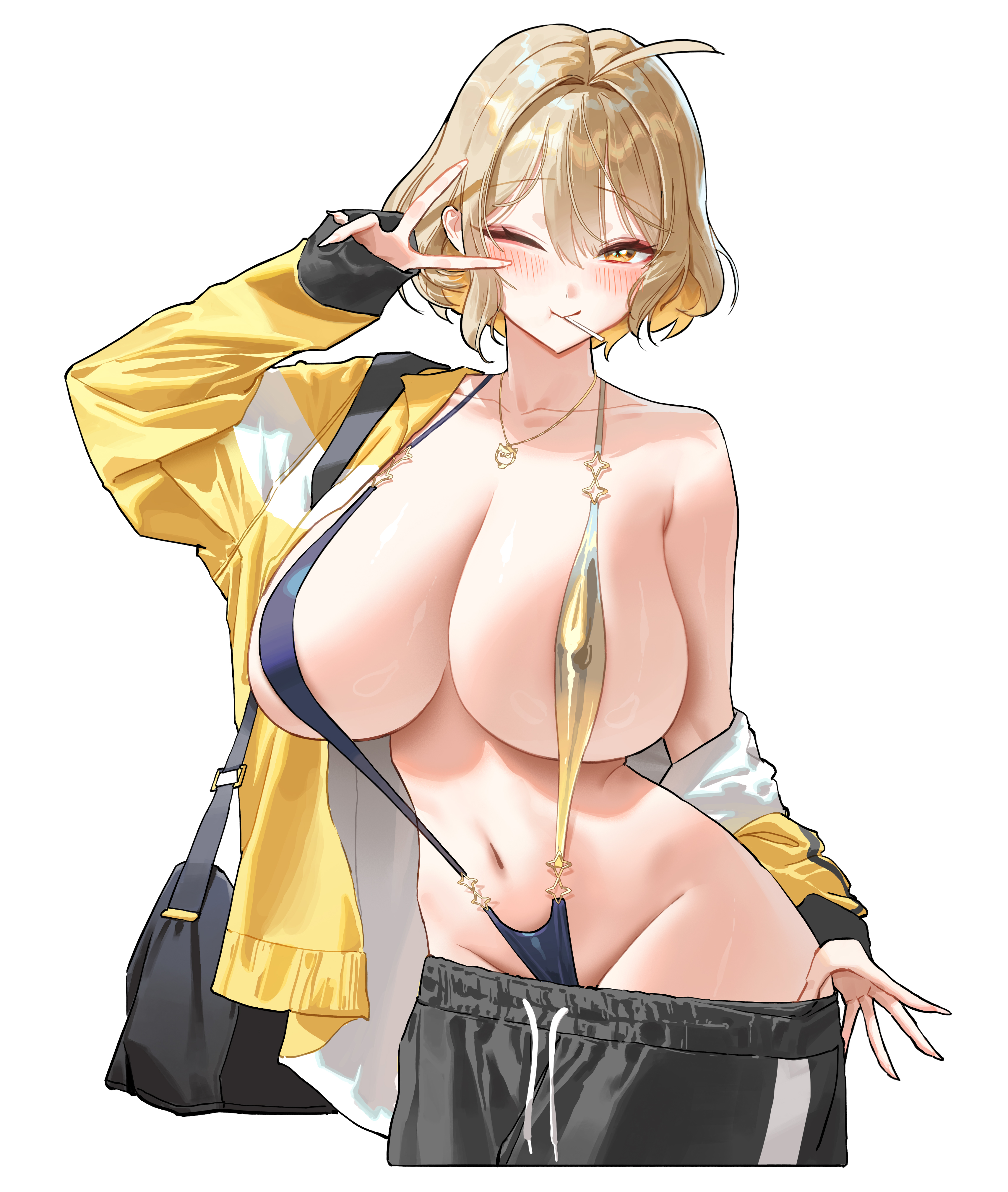 1girl, absurdres, ahoge, alternate costume, anis (nikke), bag, black pants, blonde hair, breasts, candy, commentary, cowboy shot, drawstring, food, food in mouth, goddess of victory: nikke, hair between eyes, highres, huge breasts, jewelry, lollipop, lollipop in mouth, looking at viewer, navel, necklace, one eye closed, pants, shoulder bag, simple background, slingshot swimsuit, solo, swimsuit, two-tone slingshot swimsuit, undressing, v, white background, wonbin lee, yellow eyes